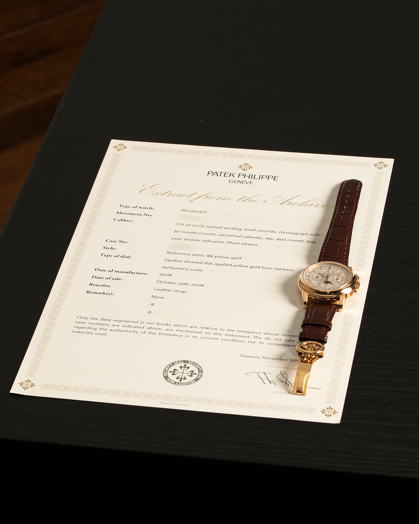 Brand: Patek Philippe
Year: 2008
Model: Perpetual Calendar Chronograph
Reference Number: 5970J
Material: 18-carat Yellow Gold
Movement: Patek Philippe Cal. 27-70 Q (Based on Lemania Cal. 2310), Manual-Winding
Case Dimensions: 40mm x 13.5mm (Lug-to-Lug 46.5mm)
Lug Width: 21mm
Strap: Patek Philippe Dark Brown Alligator Leather Strap with Signed 18-carat Yellow Gold Deployant Clasp