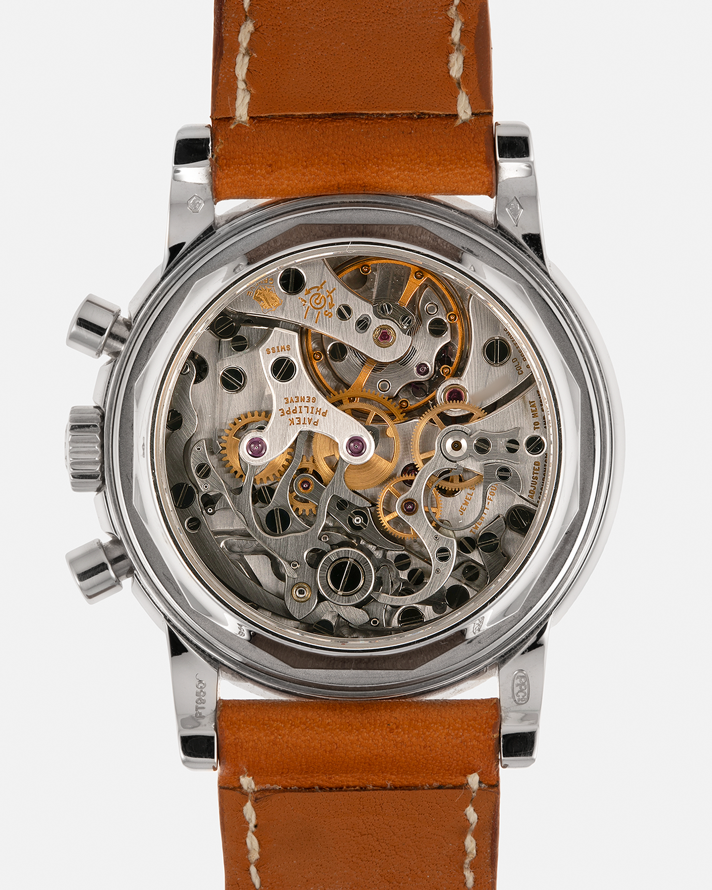 Brand: Patek Philippe
Year: 2004
Model: Perpetual Calendar Chronograph
Reference Number: 3970EP
Material: Platinum 950
Movement: Patek Philippe Cal. 27-70 Q (Based on Lemania Cal. 2310), Self-Winding
Movement Number: 3047XXX
Case Dimensions: 36mm x 13mm (43.3mm Lug-to-Lug)
Lug Width: 19mm
Strap: Wind Vintage Tanned Calfskin Leather Strap with Signed Platinum 950 Tang Buckle, with additional Patek Philippe Dark Brown Calf Leather Strap and Signed Platinum 950 Deployant Clasp