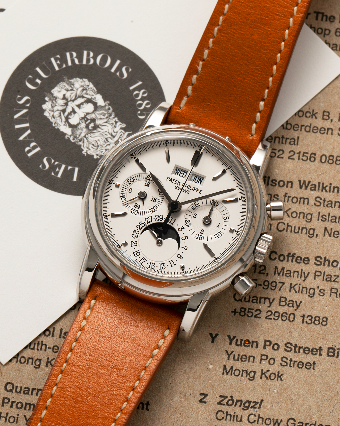 Brand: Patek Philippe
Year: 2004
Model: Perpetual Calendar Chronograph
Reference Number: 3970EP
Material: Platinum 950
Movement: Patek Philippe Cal. 27-70 Q (Based on Lemania Cal. 2310), Self-Winding
Movement Number: 3047XXX
Case Dimensions: 36mm x 13mm (43.3mm Lug-to-Lug)
Lug Width: 19mm
Strap: Wind Vintage Tanned Calfskin Leather Strap with Signed Platinum 950 Tang Buckle, with additional Patek Philippe Dark Brown Calf Leather Strap and Signed Platinum 950 Deployant Clasp
