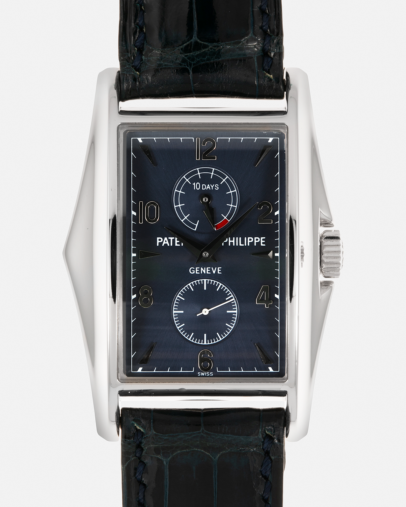 Brand: Patek Philippe Year: 2000 Model: Gondolo 10 Days, Limited Edition of 450 pieces in 18-carat White Gold Case / Blue Dial Reference Number: 5100G-001 Material: 18-carat White Gold  Movement: Patek Philippe Cal. 28-20/200 PS IRM, Manual-Winding Case Dimensions: 46mm x 34mm Lug Width: 20mm Strap: Patek Philippe Blue Alligator Strap with Signed 18-carat White Gold Tang Buckle