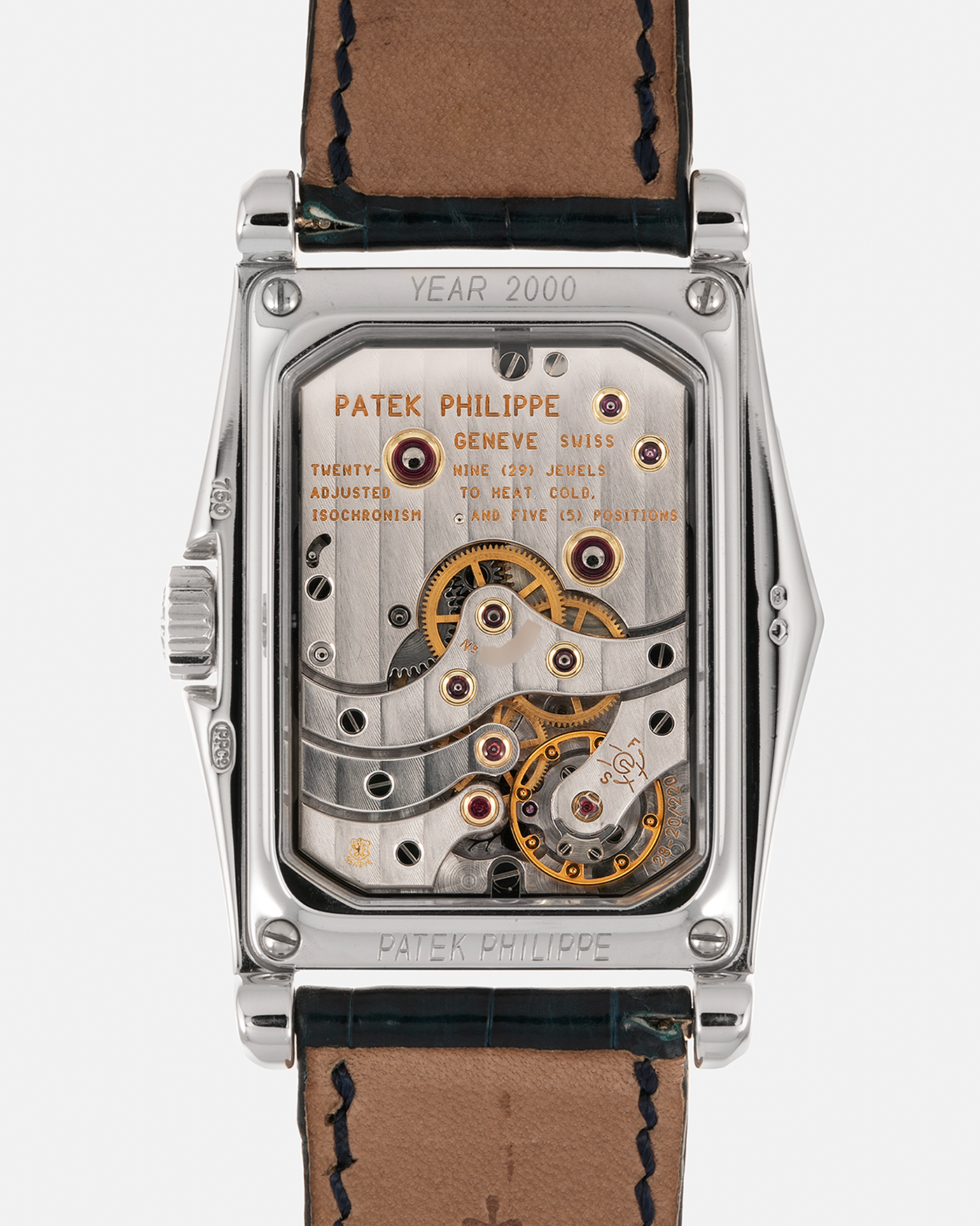 Brand: Patek Philippe Year: 2000 Model: Gondolo 10 Days, Limited Edition of 450 pieces in 18-carat White Gold Case / Blue Dial Reference Number: 5100G-001 Material: 18-carat White Gold  Movement: Patek Philippe Cal. 28-20/200 PS IRM, Manual-Winding Case Dimensions: 46mm x 34mm Lug Width: 20mm Strap: Patek Philippe Blue Alligator Strap with Signed 18-carat White Gold Tang Buckle