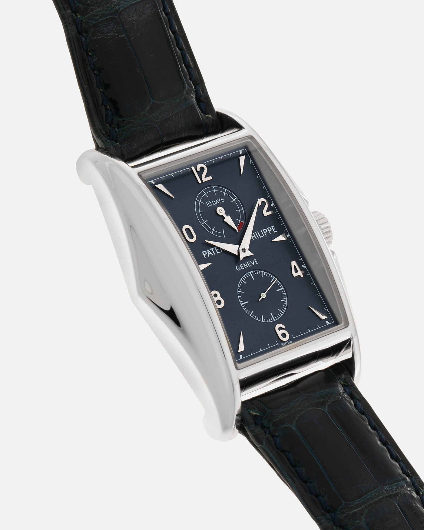 Brand: Patek Philippe Year: 2000 Model: Gondolo 10 Days, Limited Edition of 450 pieces in 18-carat White Gold Case / Blue Dial Reference Number: 5100G-001 Material: 18-carat White Gold  Movement: Patek Philippe Cal. 28-20/200 PS IRM, Manual-Winding Case Dimensions: 46mm x 34mm Lug Width: 20mm Strap: Patek Philippe Blue Alligator Strap with Signed 18-carat White Gold Tang Buckle