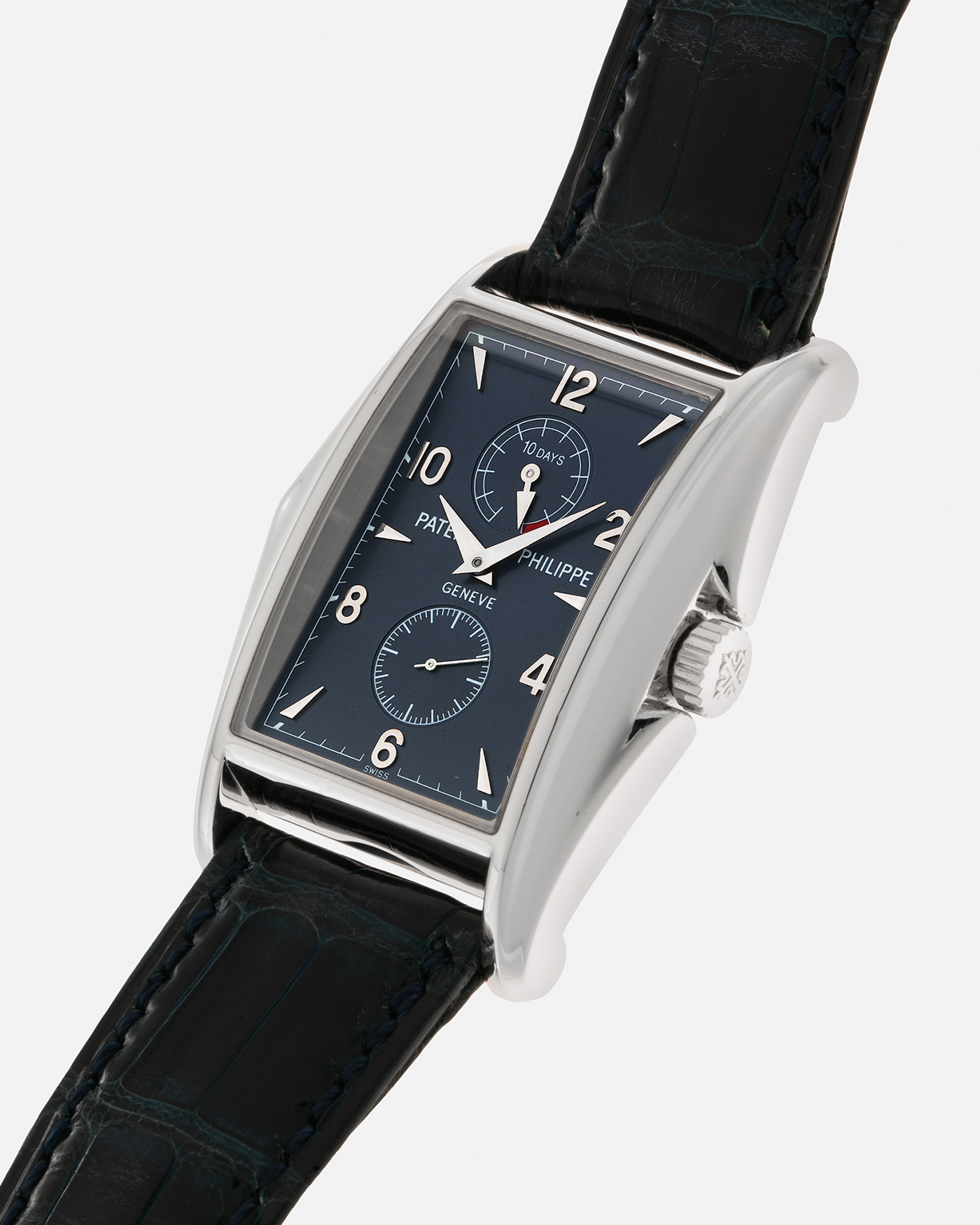 Brand: Patek Philippe Year: 2000 Model: Gondolo 10 Days, Limited Edition of 450 pieces in 18-carat White Gold Case / Blue Dial Reference Number: 5100G-001 Material: 18-carat White Gold  Movement: Patek Philippe Cal. 28-20/200 PS IRM, Manual-Winding Case Dimensions: 46mm x 34mm Lug Width: 20mm Strap: Patek Philippe Blue Alligator Strap with Signed 18-carat White Gold Tang Buckle