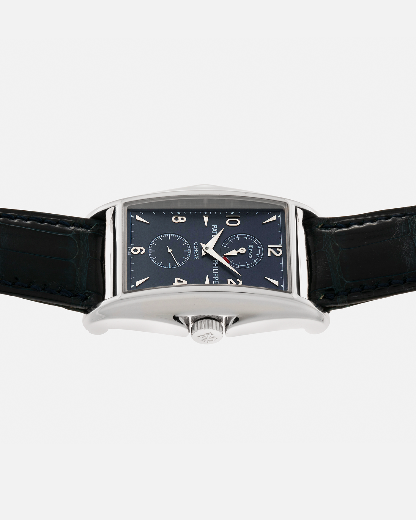 Brand: Patek Philippe Year: 2000 Model: Gondolo 10 Days, Limited Edition of 450 pieces in 18-carat White Gold Case / Blue Dial Reference Number: 5100G-001 Material: 18-carat White Gold  Movement: Patek Philippe Cal. 28-20/200 PS IRM, Manual-Winding Case Dimensions: 46mm x 34mm Lug Width: 20mm Strap: Patek Philippe Blue Alligator Strap with Signed 18-carat White Gold Tang Buckle
