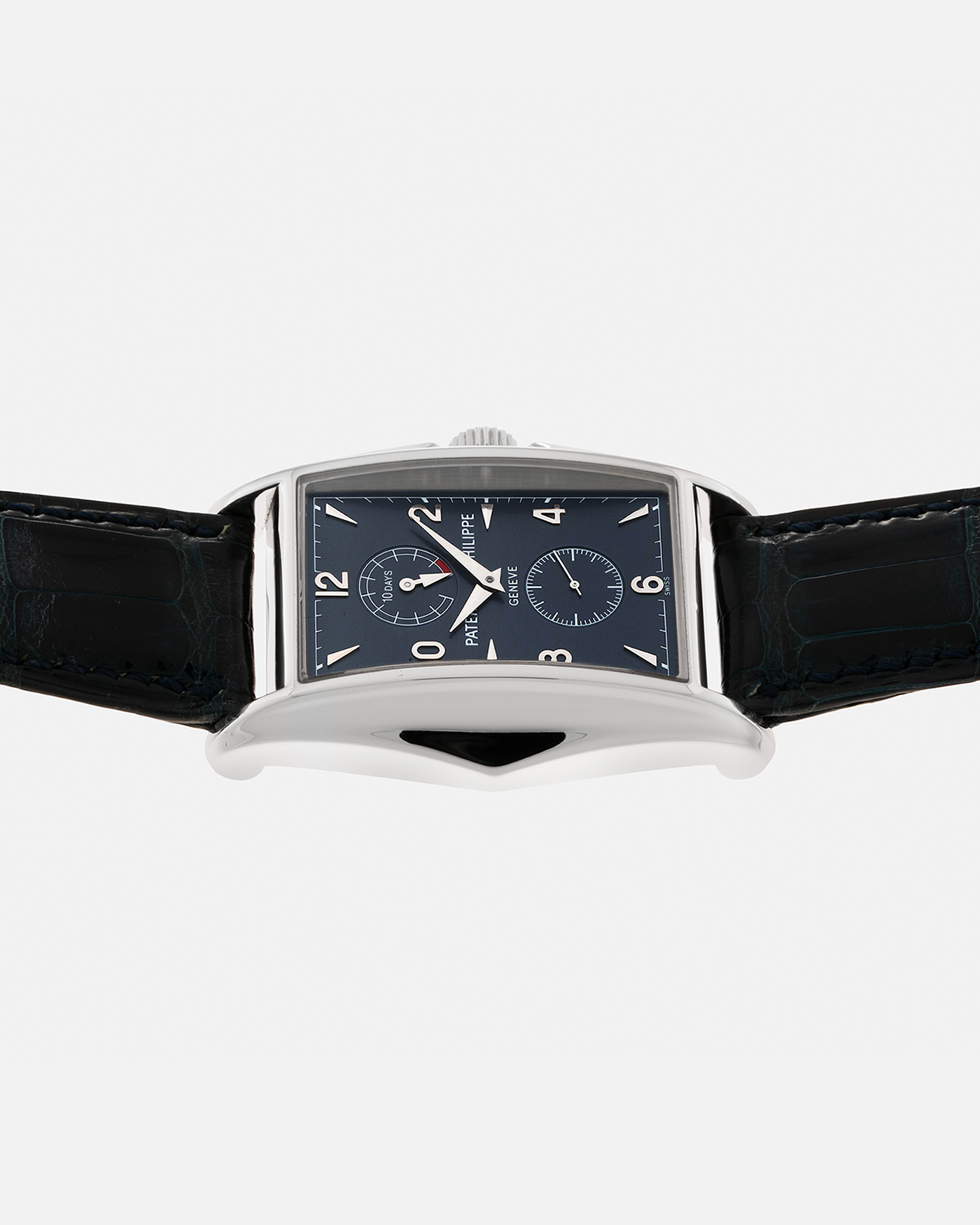 Brand: Patek Philippe Year: 2000 Model: Gondolo 10 Days, Limited Edition of 450 pieces in 18-carat White Gold Case / Blue Dial Reference Number: 5100G-001 Material: 18-carat White Gold  Movement: Patek Philippe Cal. 28-20/200 PS IRM, Manual-Winding Case Dimensions: 46mm x 34mm Lug Width: 20mm Strap: Patek Philippe Blue Alligator Strap with Signed 18-carat White Gold Tang Buckle