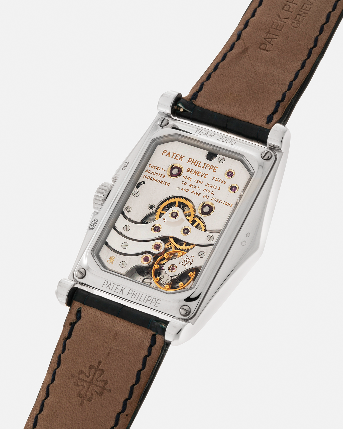 Brand: Patek Philippe Year: 2000 Model: Gondolo 10 Days, Limited Edition of 450 pieces in 18-carat White Gold Case / Blue Dial Reference Number: 5100G-001 Material: 18-carat White Gold  Movement: Patek Philippe Cal. 28-20/200 PS IRM, Manual-Winding Case Dimensions: 46mm x 34mm Lug Width: 20mm Strap: Patek Philippe Blue Alligator Strap with Signed 18-carat White Gold Tang Buckle