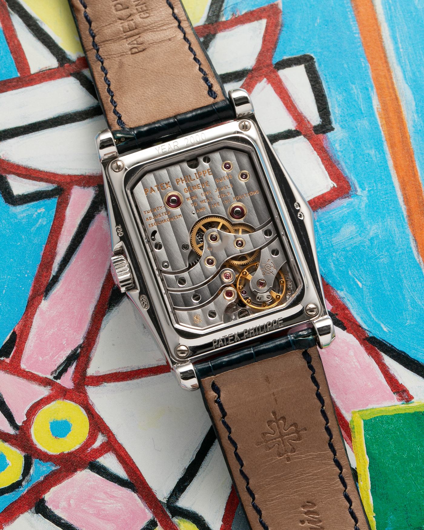 Brand: Patek Philippe Year: 2000 Model: Gondolo 10 Days, Limited Edition of 450 pieces in 18-carat White Gold Case / Blue Dial Reference Number: 5100G-001 Material: 18-carat White Gold  Movement: Patek Philippe Cal. 28-20/200 PS IRM, Manual-Winding Case Dimensions: 46mm x 34mm Lug Width: 20mm Strap: Patek Philippe Blue Alligator Strap with Signed 18-carat White Gold Tang Buckle