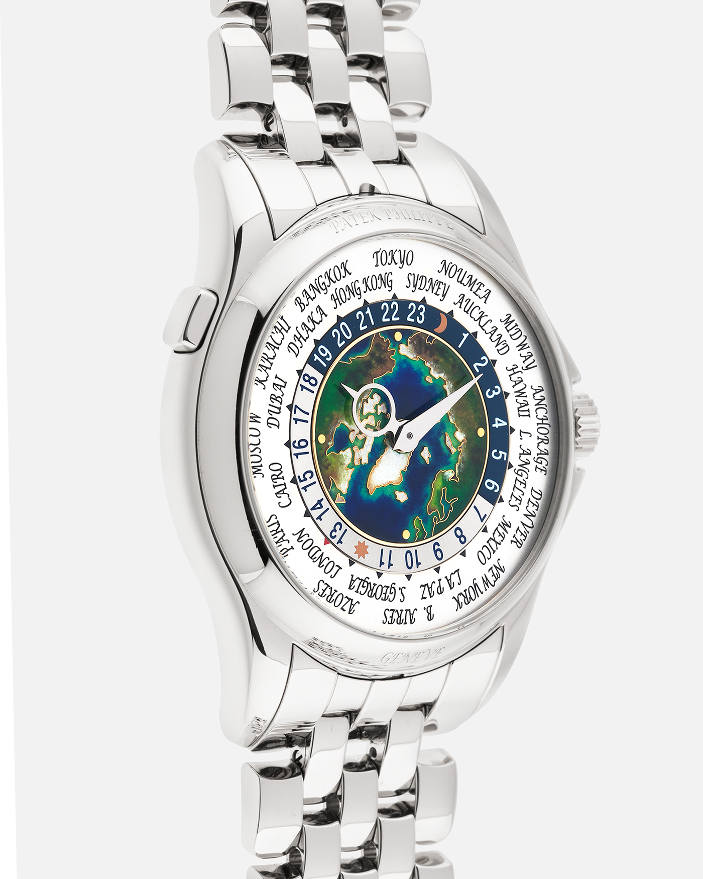 Brand: Patek Philippe
Year: 2021
Model: World Time ‘Cloisonné Enamel Dial’
Reference Number: 5131P
Material: Platinum 950
Movement: Patek Philippe Cal. 240 HU Micro Rotor, Self-Winding
Case Dimensions: 39.5mm x 10.6mm (48.5mm Lug-to-Lug)
Lug Width: 22mm
Bracelet: Patek Philippe Bracelet in Platinum 950 with Signed Integrated Double Deployant Folding Clasp