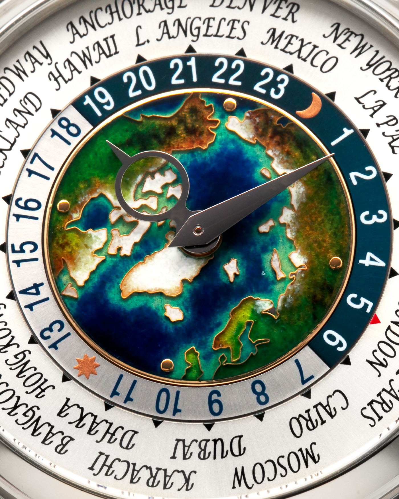 Brand: Patek Philippe
Year: 2021
Model: World Time ‘Cloisonné Enamel Dial’
Reference Number: 5131P
Material: Platinum 950
Movement: Patek Philippe Cal. 240 HU Micro Rotor, Self-Winding
Case Dimensions: 39.5mm x 10.6mm (48.5mm Lug-to-Lug)
Lug Width: 22mm
Bracelet: Patek Philippe Bracelet in Platinum 950 with Signed Integrated Double Deployant Folding Clasp