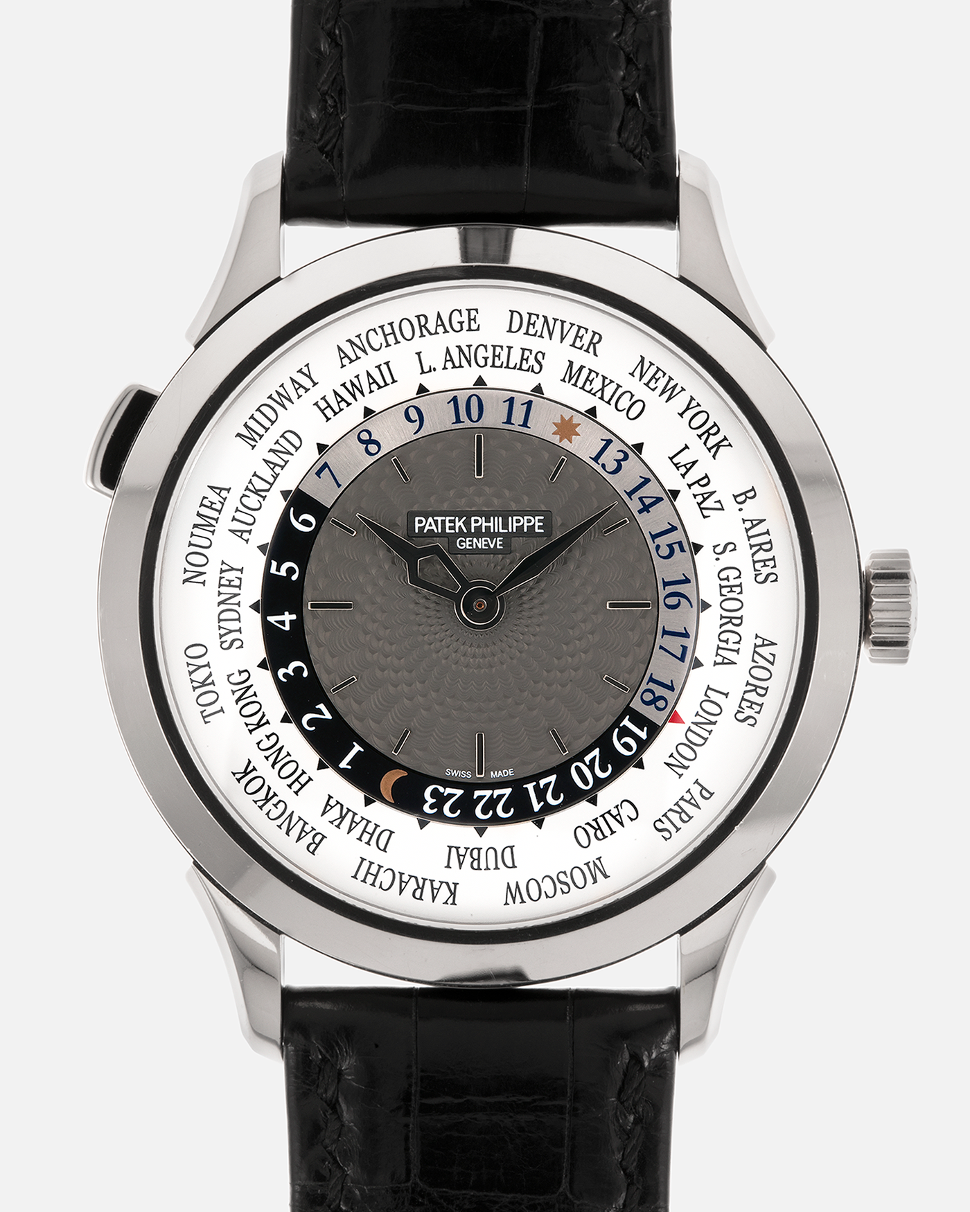 Brand: Patek Philippe
Year: 2018
Model: World Time
Reference: 5230G
Material: 18-carat White Gold
Movement: Patek Philippe Cal. 240 HU Micro Rotor, Self-Winding
Case Dimensions: 38.5mm x 10.3mm (Lug-to-Lug 47mm)
Lug Width: 20mm
Strap: Patek Philippe Black Alligator Leather Strap with Signed 18-carat White Gold Deployant Clasp