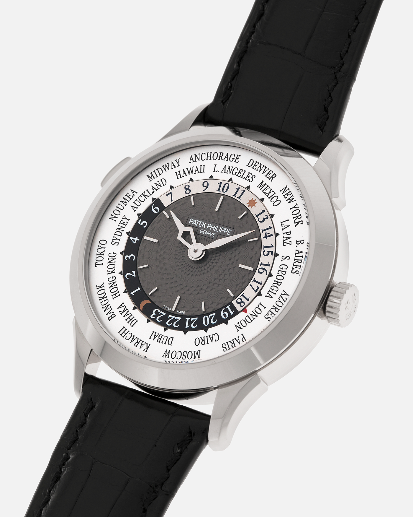 Brand: Patek Philippe
Year: 2018
Model: World Time
Reference: 5230G
Material: 18-carat White Gold
Movement: Patek Philippe Cal. 240 HU Micro Rotor, Self-Winding
Case Dimensions: 38.5mm x 10.3mm (Lug-to-Lug 47mm)
Lug Width: 20mm
Strap: Patek Philippe Black Alligator Leather Strap with Signed 18-carat White Gold Deployant Clasp