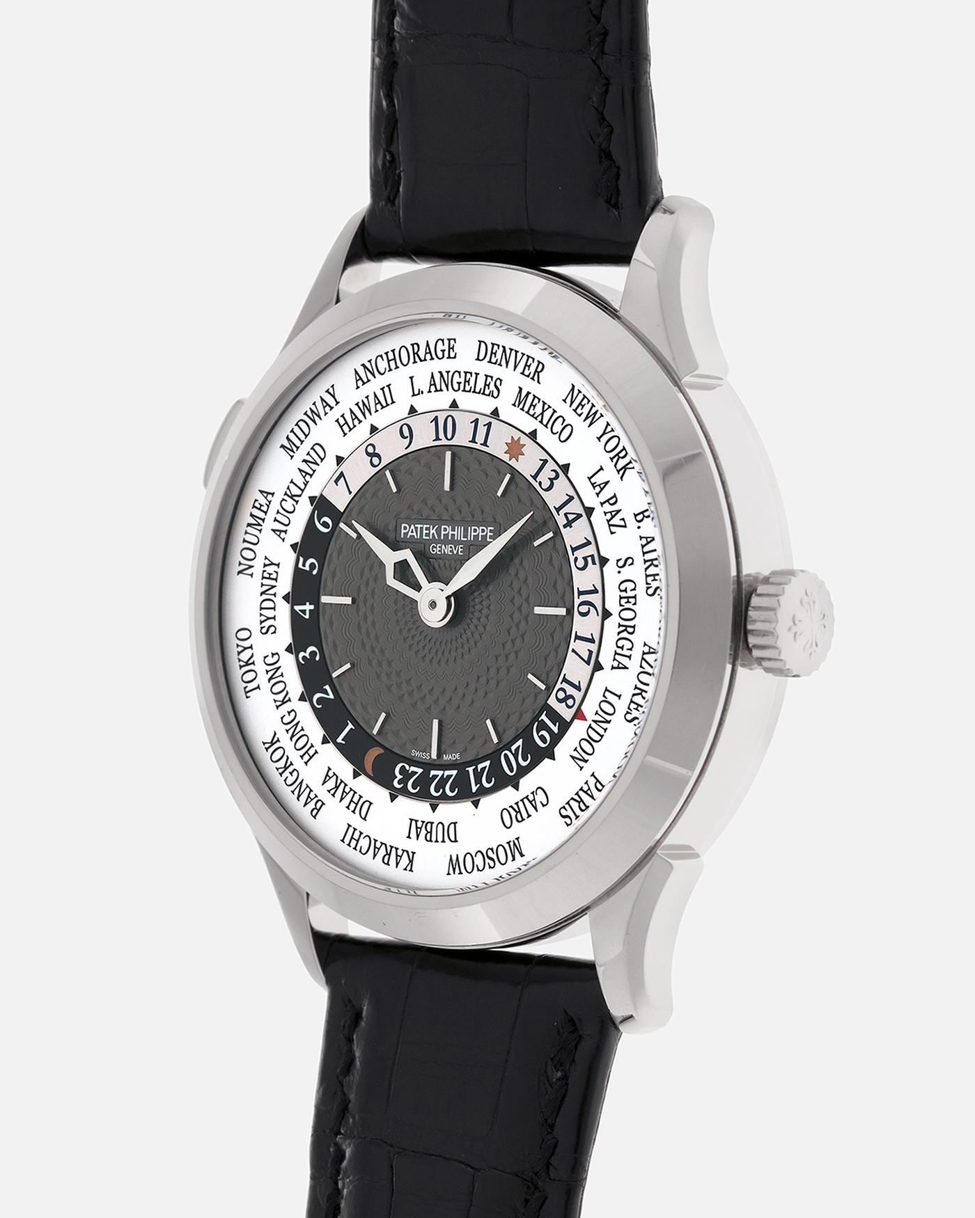 Brand: Patek Philippe
Year: 2018
Model: World Time
Reference: 5230G
Material: 18-carat White Gold
Movement: Patek Philippe Cal. 240 HU Micro Rotor, Self-Winding
Case Dimensions: 38.5mm x 10.3mm (Lug-to-Lug 47mm)
Lug Width: 20mm
Strap: Patek Philippe Black Alligator Leather Strap with Signed 18-carat White Gold Deployant Clasp