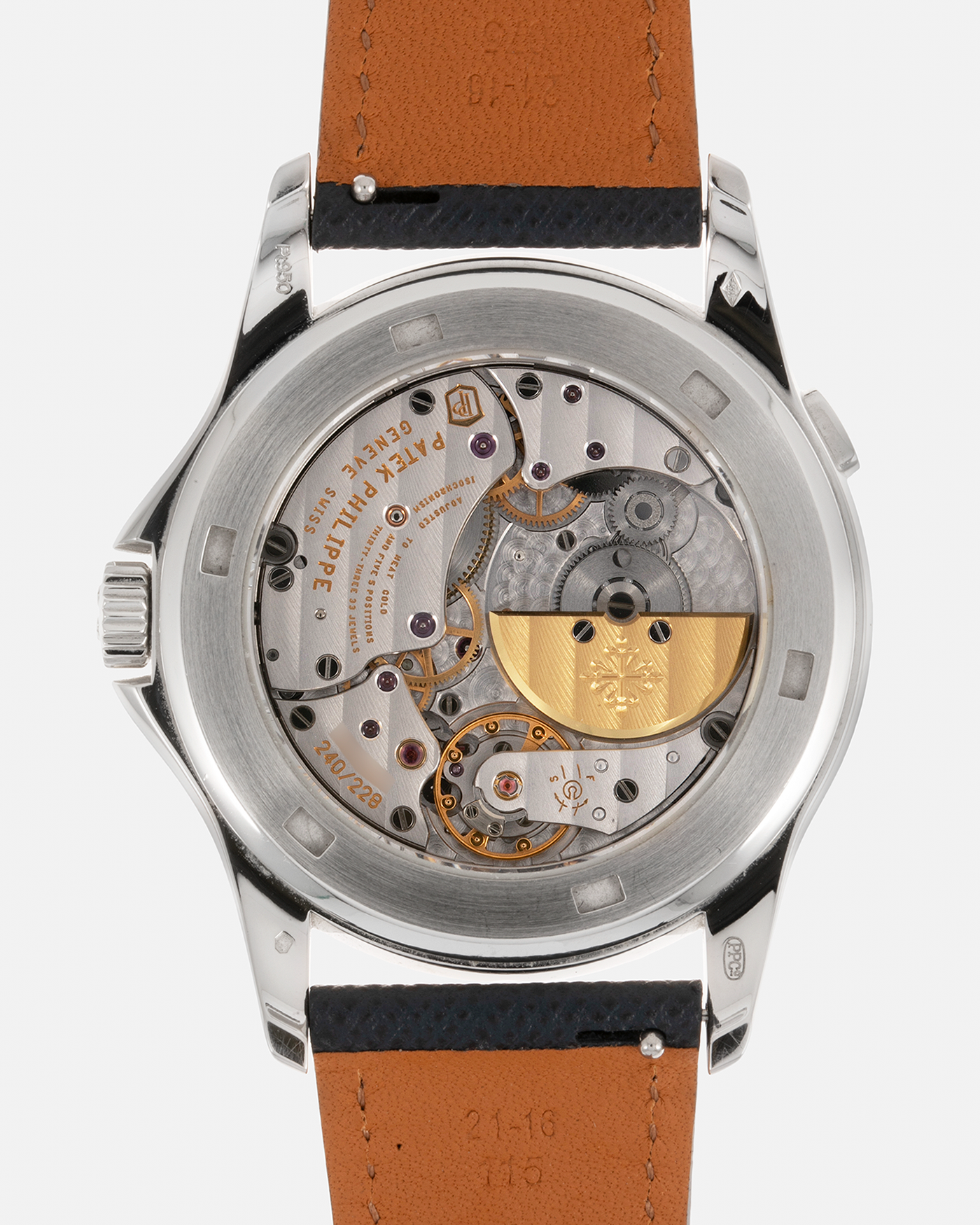 Brand: Patek Philippe Year: 2010s Model: World Time Reference Number: 5130P Material: Platinum 950 Movement: Patek Philippe Cal. 240 HU Micro-Rotor, Self-Winding Case Diameter: 39.5mm Lug Width: 21mm Bracelet: Molequin Oxford Blue Textured Calf Leather Strap with Signed Platinum 950 Deployant Clasp