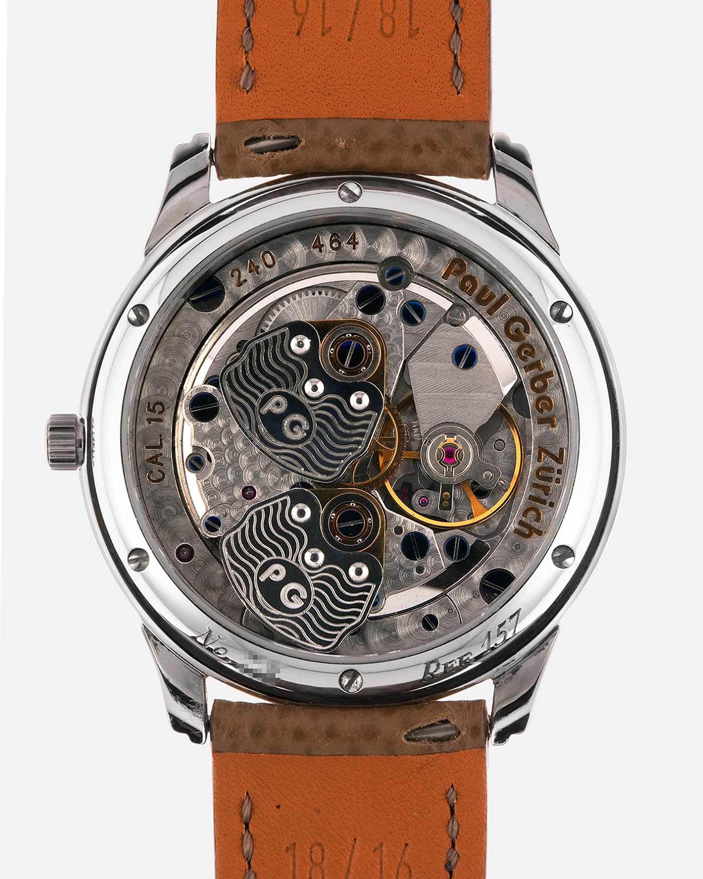 Brand: Paul Gerber
Year: 2000’s
Model: Retro Twin
Reference: 157
Material: 18-carat White Gold
Movement: Self-Winding Paul Gerber Cal. 15 (Heavily-Modified Peseux Cal. 7001)
Case Dimensions: 36mm Diameter 11mm Thickness
Lug Width: 18mm
Strap: Paul Gerber Dark Brown Calf Leather Strap with Signed 18-carat Yellow Gold Tang Buckle