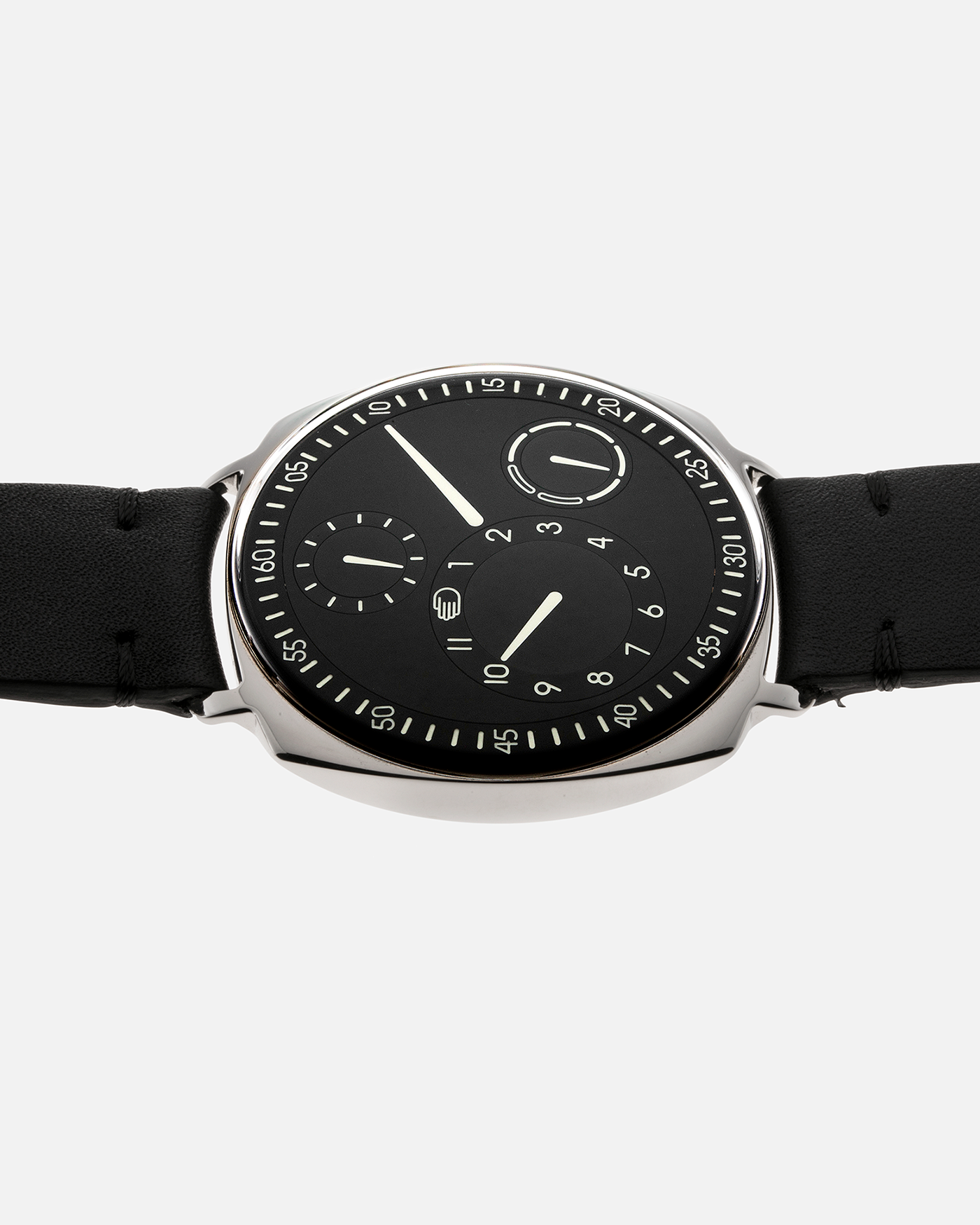 Brand: Ressence Year: 2022 Model: Type 1² Black Material: Polished Grade 5 Titanium with Satin Finished Caseback Movement: Customised ETA Cal. 2894/2 Base with In-House Patented Ressence Orbital Convex System (ROCS) 1 Module Driven by Minute Axle, Self-Winding Case Dimensions: 42mm Bracelet/Strap: Ressence Black Calf Leather Strap with Signed Ardillon Buckle