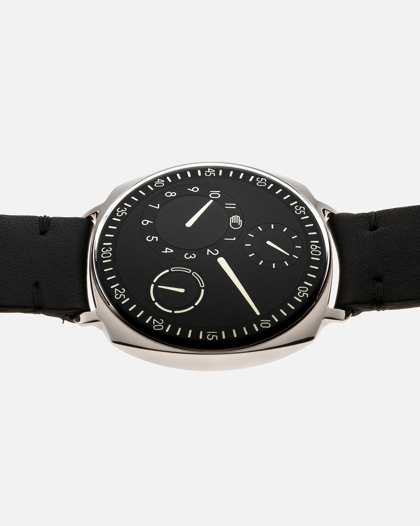 Brand: Ressence Year: 2022 Model: Type 1² Black Material: Polished Grade 5 Titanium with Satin Finished Caseback Movement: Customised ETA Cal. 2894/2 Base with In-House Patented Ressence Orbital Convex System (ROCS) 1 Module Driven by Minute Axle, Self-Winding Case Dimensions: 42mm Bracelet/Strap: Ressence Black Calf Leather Strap with Signed Ardillon Buckle