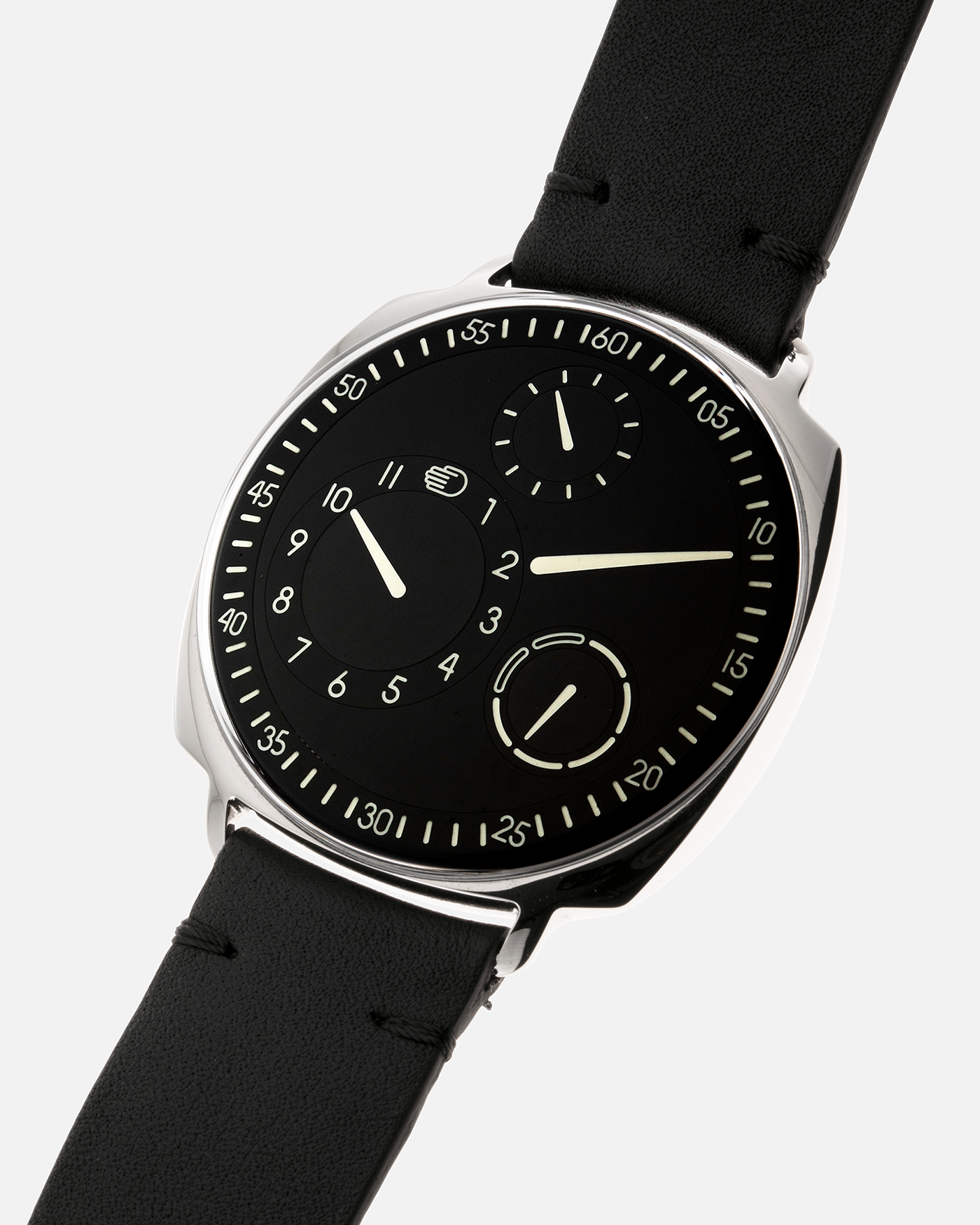 Brand: Ressence Year: 2022 Model: Type 1² Black Material: Polished Grade 5 Titanium with Satin Finished Caseback Movement: Customised ETA Cal. 2894/2 Base with In-House Patented Ressence Orbital Convex System (ROCS) 1 Module Driven by Minute Axle, Self-Winding Case Dimensions: 42mm Bracelet/Strap: Ressence Black Calf Leather Strap with Signed Ardillon Buckle