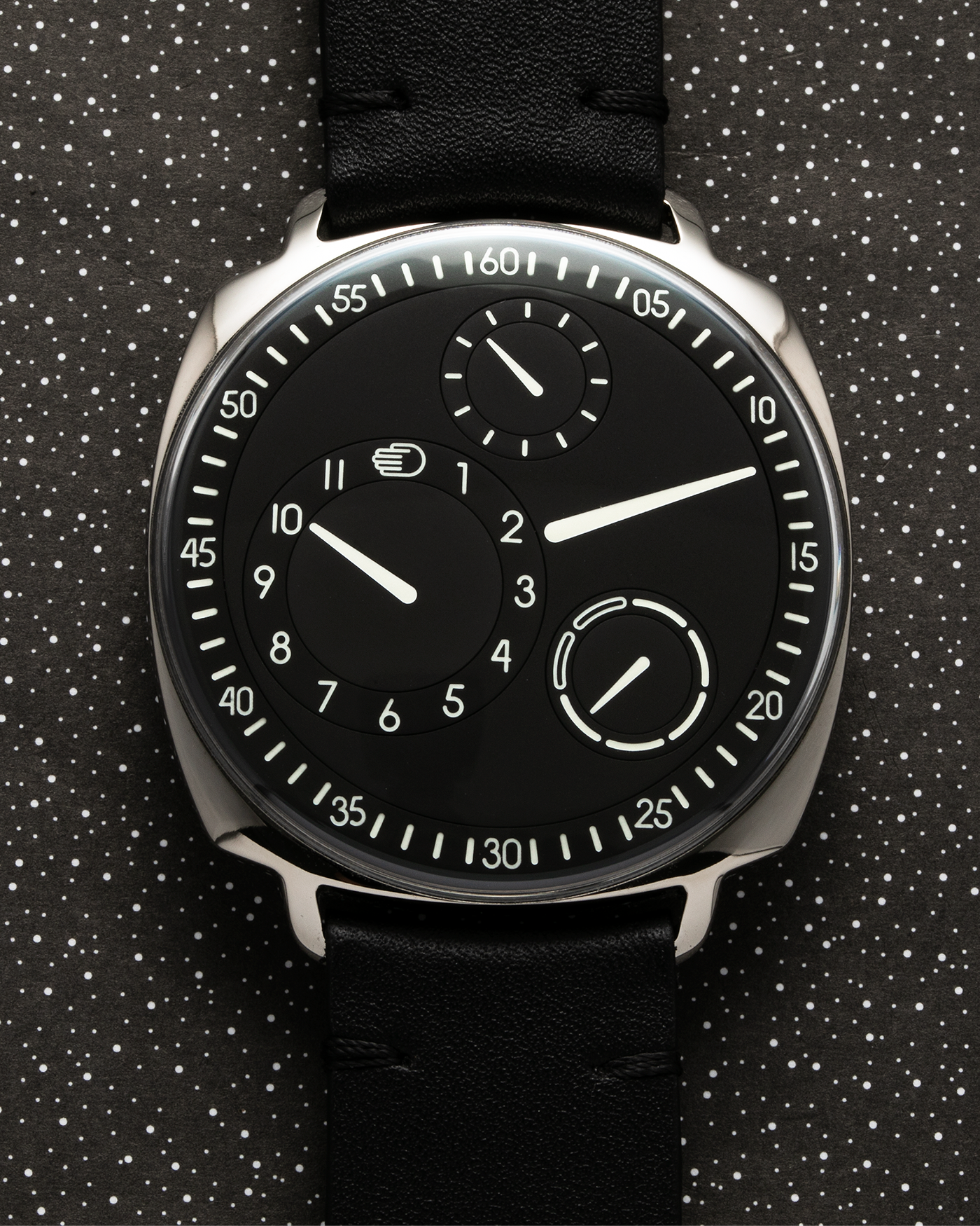 Brand: Ressence Year: 2022 Model: Type 1² Black Material: Polished Grade 5 Titanium with Satin Finished Caseback Movement: Customised ETA Cal. 2894/2 Base with In-House Patented Ressence Orbital Convex System (ROCS) 1 Module Driven by Minute Axle, Self-Winding Case Dimensions: 42mm Bracelet/Strap: Ressence Black Calf Leather Strap with Signed Ardillon Buckle