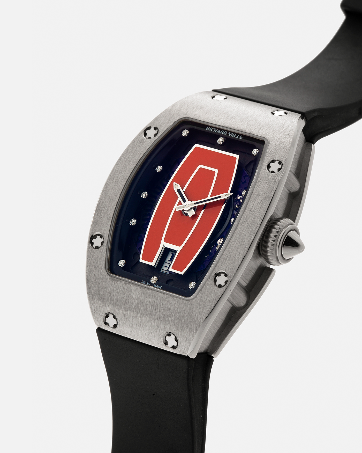 Brand: Richard Mille Year: 2000s Model: RM007 ‘Orange Lip’ Case Material: 18-carat White Gold Case, Diamond-Set Hour Markers Movement: Richard Mille Cal. RM007, Self-Winding Case Dimensions: 31mm x 45mm  Strap: Richard Mille Black Rubber Strap with Signed Titanium Deployant Clasp