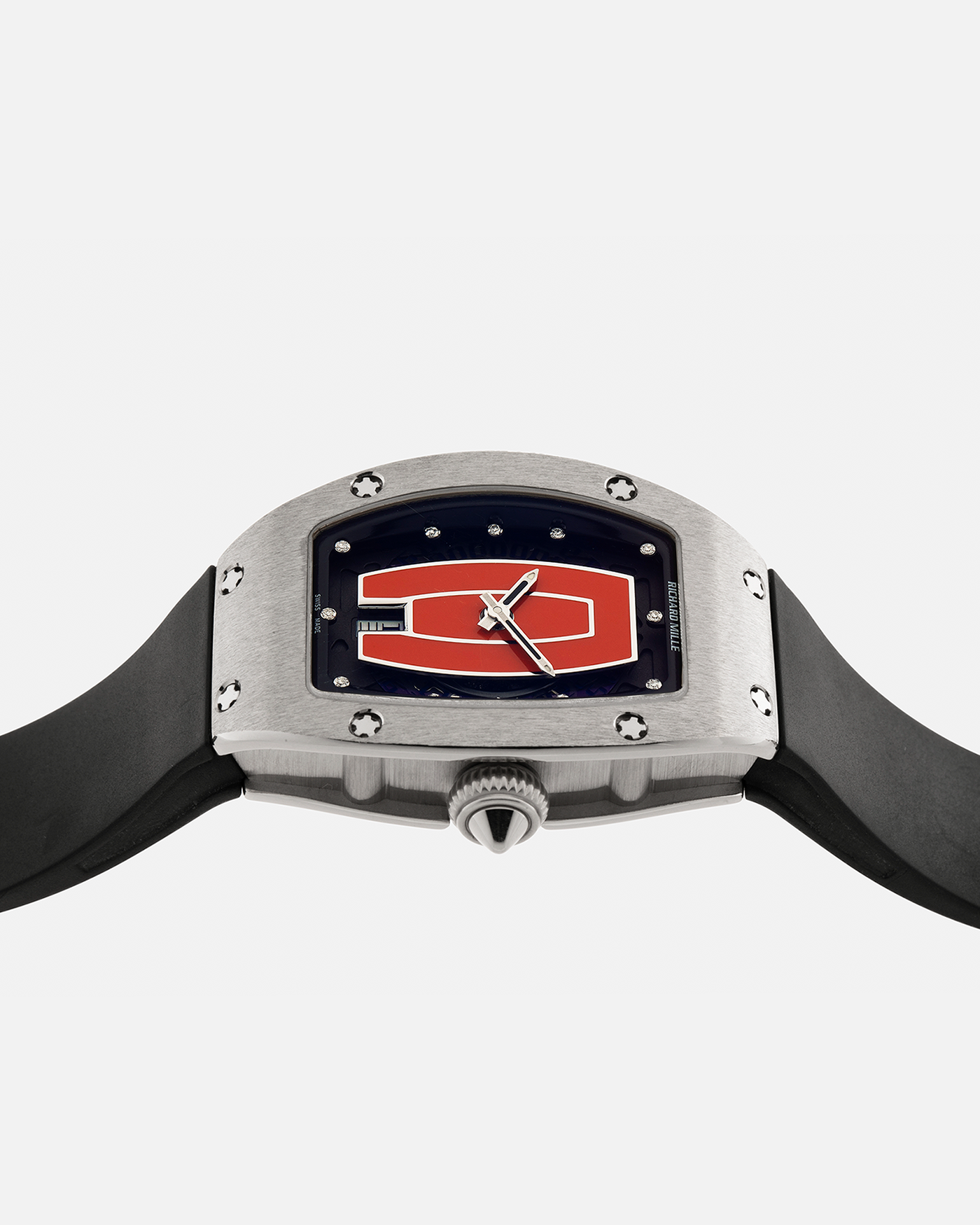 Brand: Richard Mille Year: 2000s Model: RM007 ‘Orange Lip’ Case Material: 18-carat White Gold Case, Diamond-Set Hour Markers Movement: Richard Mille Cal. RM007, Self-Winding Case Dimensions: 31mm x 45mm  Strap: Richard Mille Black Rubber Strap with Signed Titanium Deployant Clasp