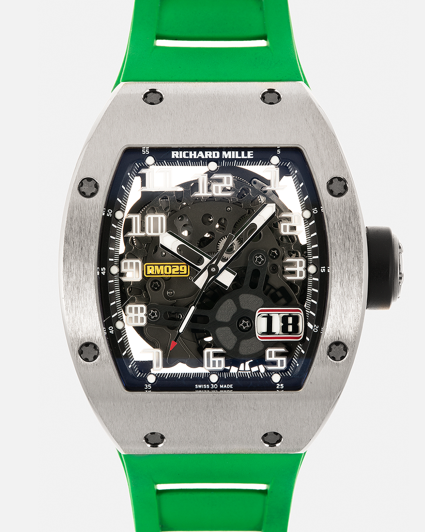 Brand: Richard Mille Year: 2014 Model: RM029 Case Material: 18-carat White Gold Movement: Richard Mille Cal. RMAS7, Self-Winding Case Dimensions: 39.7mm x 48mm  Strap: Richard Mille Green Rubber Strap with Signed Titanium Deployant Clasp, with two additional White and Black Richard Mille Rubber Straps