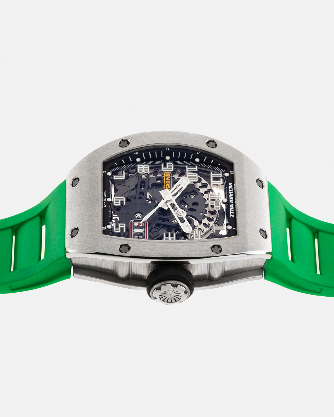 Brand: Richard Mille Year: 2014 Model: RM029 Case Material: 18-carat White Gold Movement: Richard Mille Cal. RMAS7, Self-Winding Case Dimensions: 39.7mm x 48mm  Strap: Richard Mille Green Rubber Strap with Signed Titanium Deployant Clasp, with two additional White and Black Richard Mille Rubber Straps