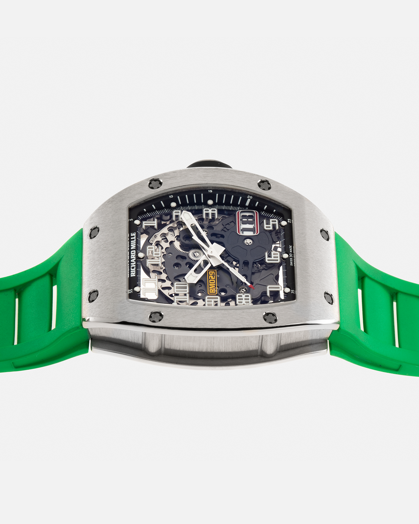 Brand: Richard Mille Year: 2014 Model: RM029 Case Material: 18-carat White Gold Movement: Richard Mille Cal. RMAS7, Self-Winding Case Dimensions: 39.7mm x 48mm  Strap: Richard Mille Green Rubber Strap with Signed Titanium Deployant Clasp, with two additional White and Black Richard Mille Rubber Straps