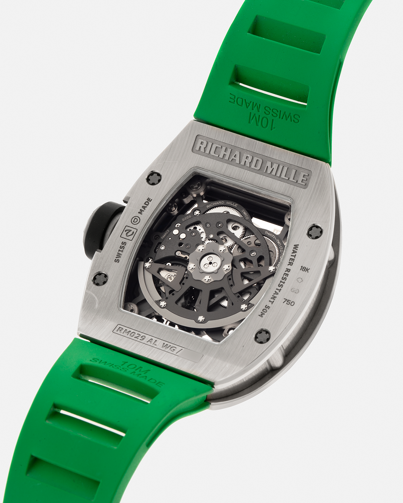 Brand: Richard Mille Year: 2014 Model: RM029 Case Material: 18-carat White Gold Movement: Richard Mille Cal. RMAS7, Self-Winding Case Dimensions: 39.7mm x 48mm  Strap: Richard Mille Green Rubber Strap with Signed Titanium Deployant Clasp, with two additional White and Black Richard Mille Rubber Straps