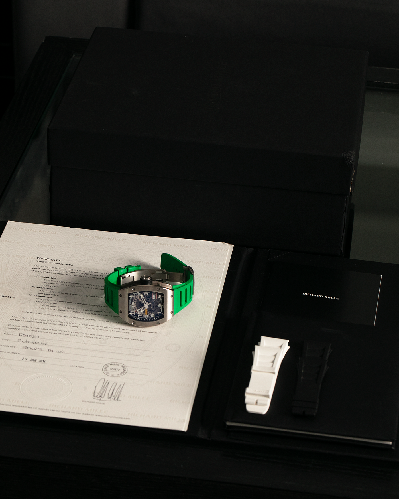 Brand: Richard Mille Year: 2014 Model: RM029 Case Material: 18-carat White Gold Movement: Richard Mille Cal. RMAS7, Self-Winding Case Dimensions: 39.7mm x 48mm  Strap: Richard Mille Green Rubber Strap with Signed Titanium Deployant Clasp, with two additional White and Black Richard Mille Rubber Straps