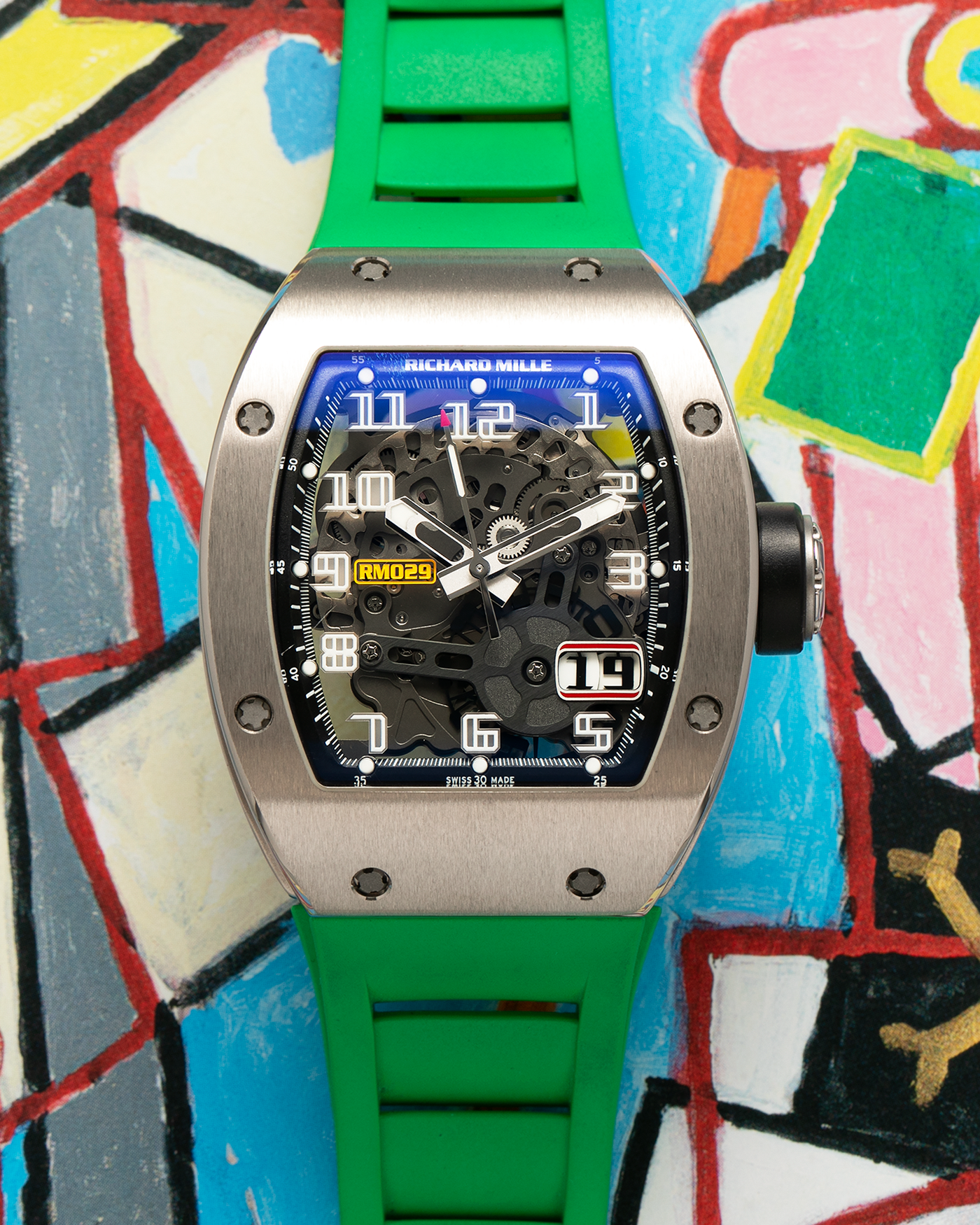 Brand: Richard Mille Year: 2014 Model: RM029 Case Material: 18-carat White Gold Movement: Richard Mille Cal. RMAS7, Self-Winding Case Dimensions: 39.7mm x 48mm  Strap: Richard Mille Green Rubber Strap with Signed Titanium Deployant Clasp, with two additional White and Black Richard Mille Rubber Straps