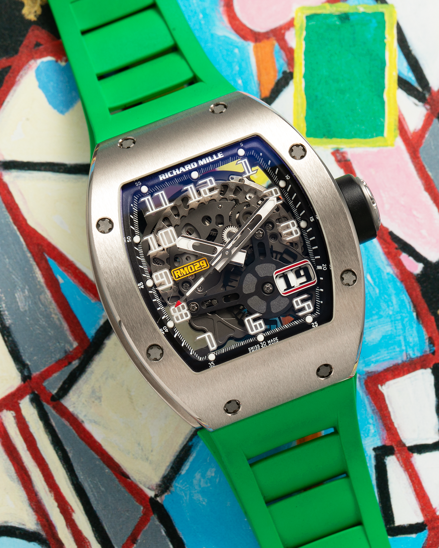 Brand: Richard Mille Year: 2014 Model: RM029 Case Material: 18-carat White Gold Movement: Richard Mille Cal. RMAS7, Self-Winding Case Dimensions: 39.7mm x 48mm  Strap: Richard Mille Green Rubber Strap with Signed Titanium Deployant Clasp, with two additional White and Black Richard Mille Rubber Straps