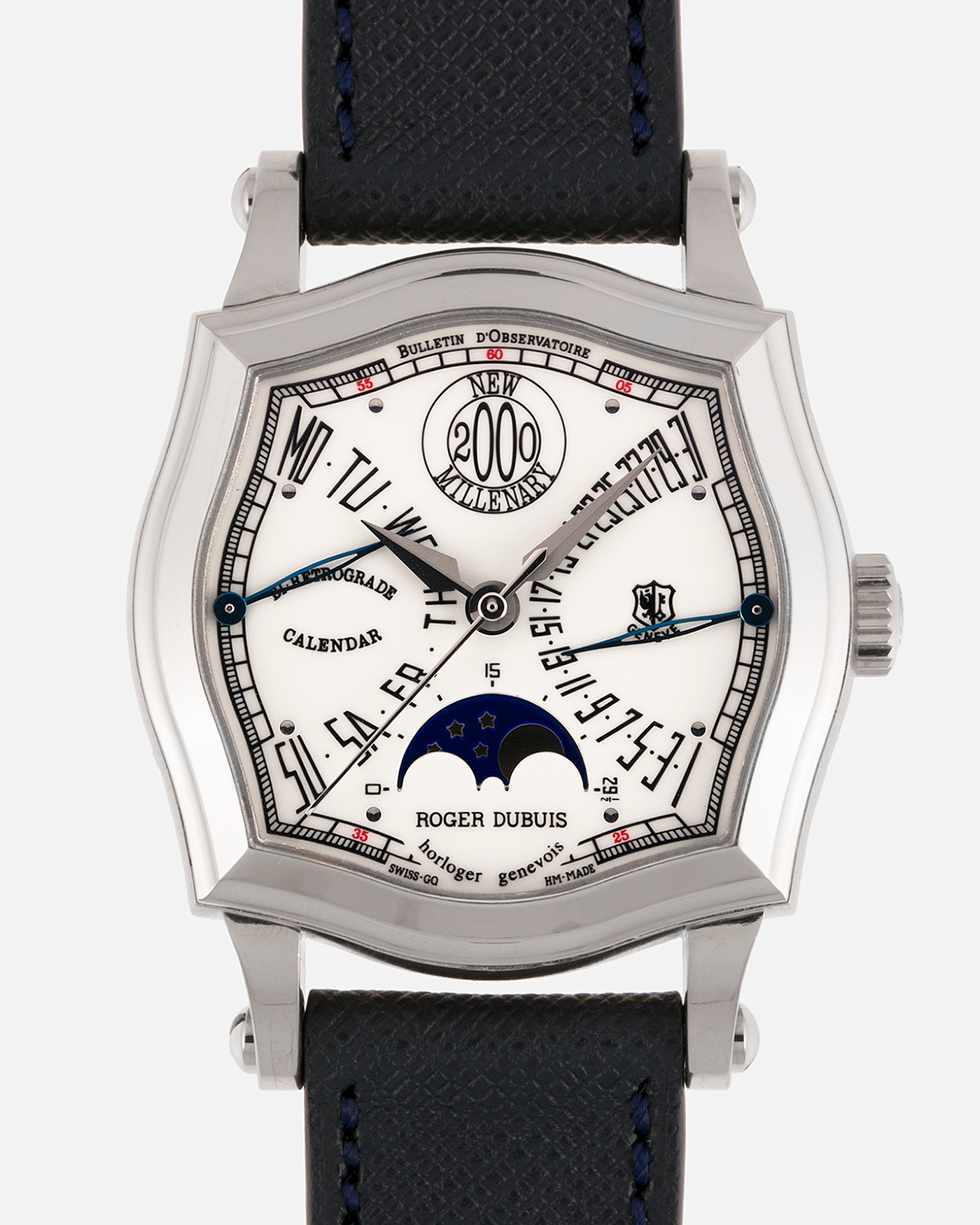 Brand: Roger Dubuis
Year: 2000
Model: Sympathie 37 Bi-retrograde Calendar 2000 New Millenary
Material: 18-carat White Gold
Movement: Roger Dubuis Cal. 5840
Case Dimensions: 34mm Diameter, 11mm Thickness
Lug Width: 18mm
Strap: Molequin Navy Blue Textured Calf Leather Strap with Signed 18-carat White Gold Tang Buckle