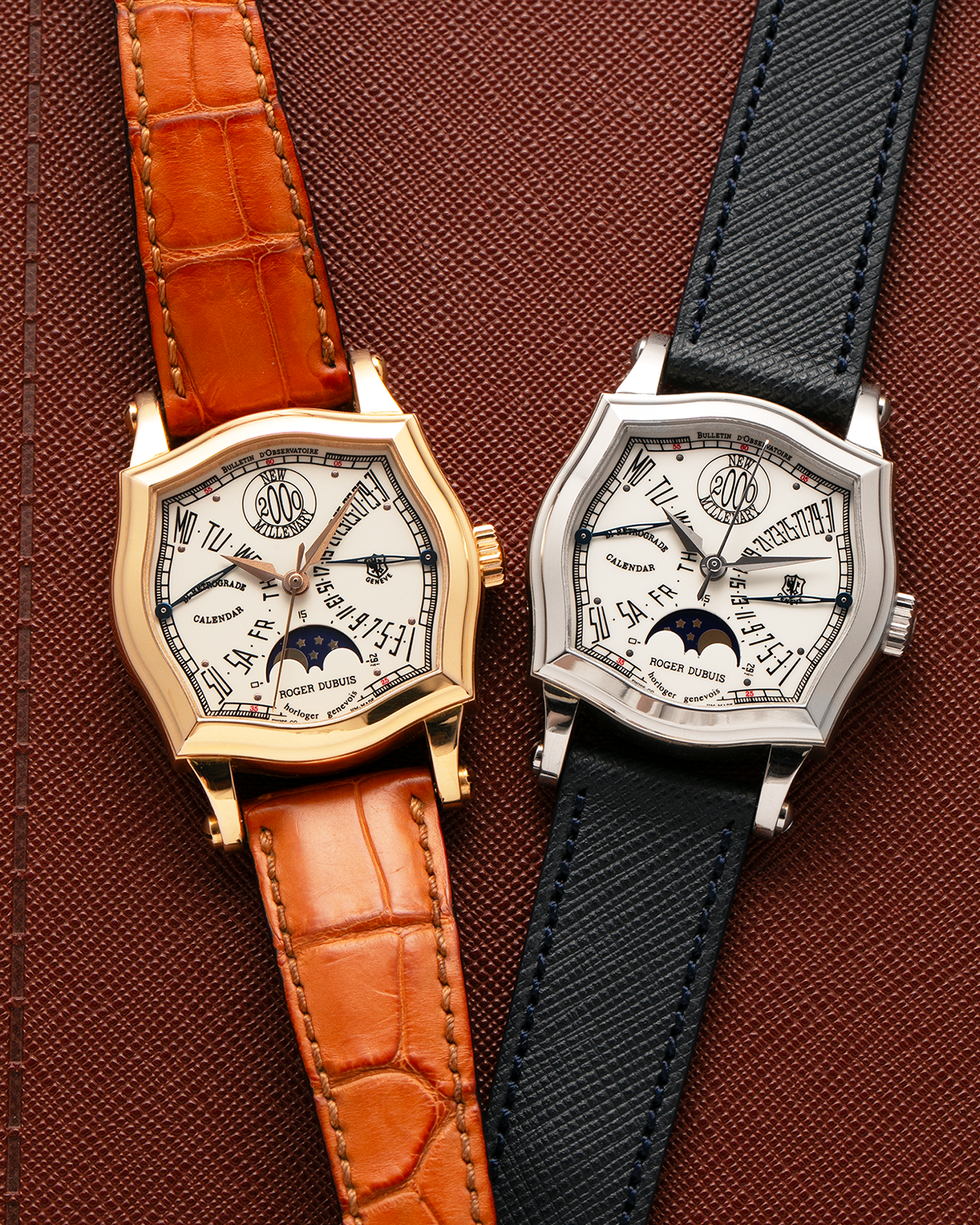 Brand: Roger Dubuis
Year: 2000
Model: Sympathie 37 Bi-retrograde Calendar 2000 New Millenary
Material: 18-carat White Gold
Movement: Roger Dubuis Cal. 5840
Case Dimensions: 34mm Diameter, 11mm Thickness
Lug Width: 18mm
Strap: Molequin Navy Blue Textured Calf Leather Strap with Signed 18-carat White Gold Tang Buckle