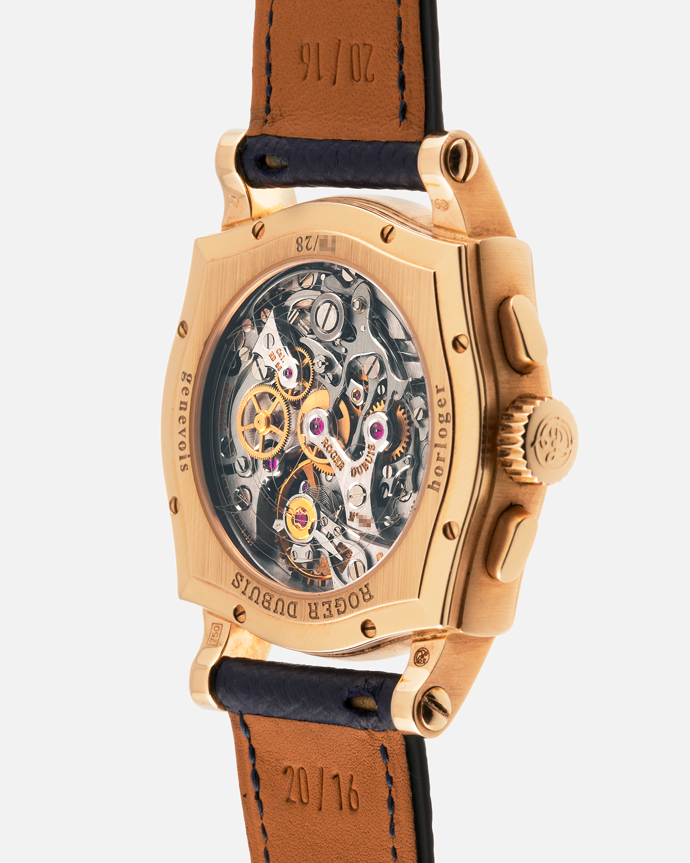 Brand: Roger Dubuis
Year: Late 1990’s/2000’s
Model: Sympathie 37 Perpetual Chronograph
Material: 18k Rose Gold
Movement: Cal RD56 / Lemania 2310
Case Diameter: 37mm
Strap: Nostime Blue Textured Calf Strap and Roger Dubuis 18k Rose Gold Tang Buckle