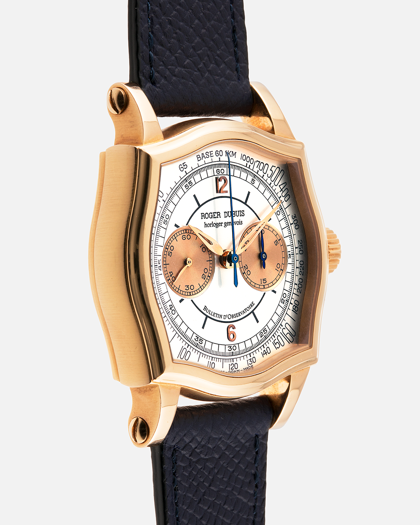 Brand: Roger Dubuis
Year: Late 1990’s/2000’s
Model: Sympathie 37 Perpetual Chronograph
Material: 18k Rose Gold
Movement: Cal RD56 / Lemania 2310
Case Diameter: 37mm
Strap: Nostime Blue Textured Calf Strap and Roger Dubuis 18k Rose Gold Tang Buckle