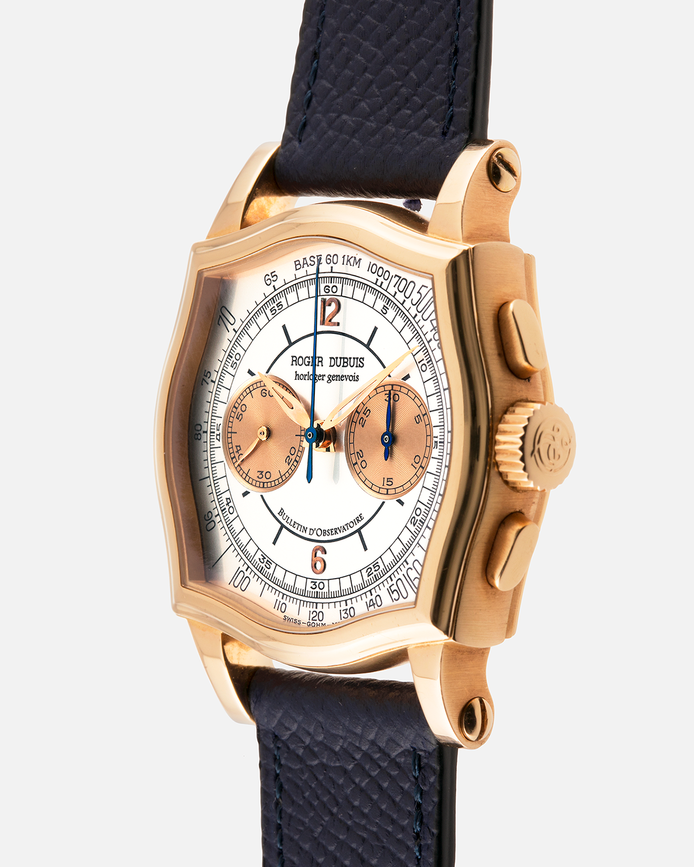 Brand: Roger Dubuis
Year: Late 1990’s/2000’s
Model: Sympathie 37 Perpetual Chronograph
Material: 18k Rose Gold
Movement: Cal RD56 / Lemania 2310
Case Diameter: 37mm
Strap: Nostime Blue Textured Calf Strap and Roger Dubuis 18k Rose Gold Tang Buckle