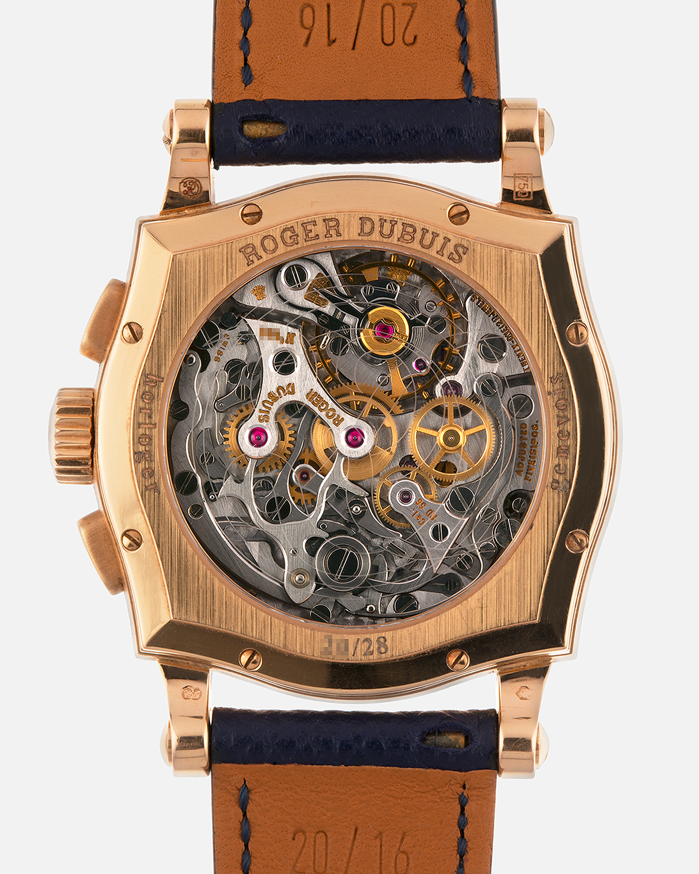 Brand: Roger Dubuis
Year: Late 1990’s/2000’s
Model: Sympathie 37 Perpetual Chronograph
Material: 18k Rose Gold
Movement: Cal RD56 / Lemania 2310
Case Diameter: 37mm
Strap: Nostime Blue Textured Calf Strap and Roger Dubuis 18k Rose Gold Tang Buckle