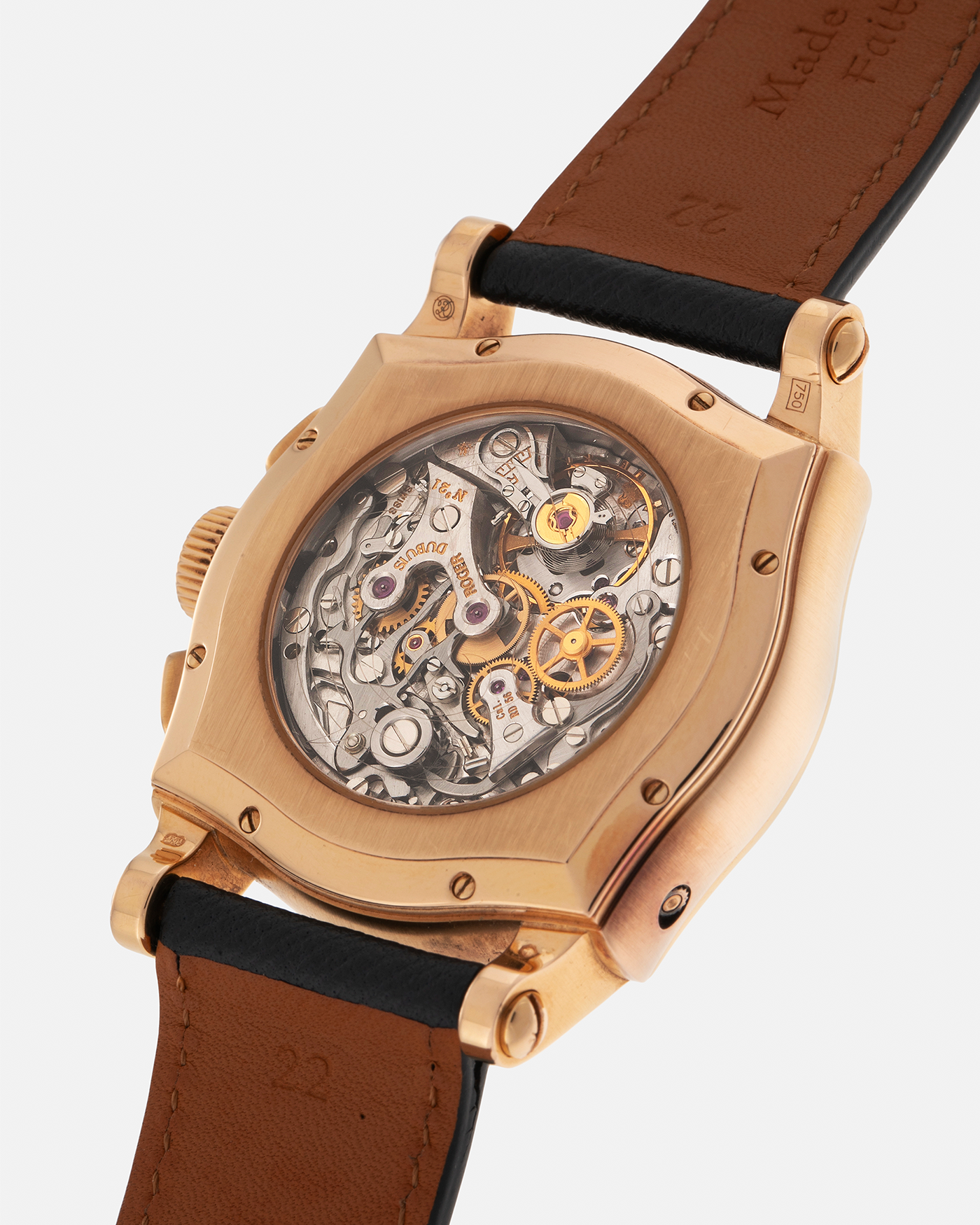Brand: Roger Dubuis
Year: 2000s
Model: Sympathie 40 Biretrograde Chronograph
Material: 18-carat Yellow Gold
Movement: Roger Dubuis Cal. RD 5630 (Based on the Lemania Cal. 2310), Manual-Winding
Case Dimensions: 40mm x 12.25mm (Lug-to-Lug 47mm)
Lug Width: 22mm
Strap: Molequin Navy Blue Textured Calf Leather Strap with Signed 18-carat Yellow Gold Tang Buckle