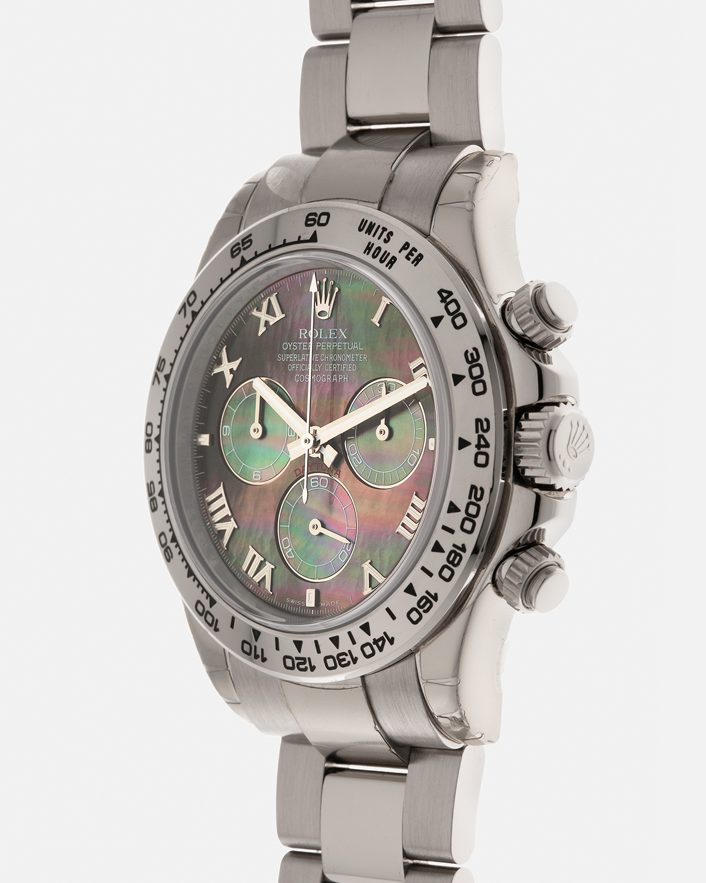 Brand: Rolex
Year: 2007
Model: Cosmograph Daytona
Reference: 116509
Material: 18-carat White Gold Case, Black Tahitian Mother-of-Pearl Dial
Movement: Rolex Cal. 4130, Self-Winding
Case Dimensions: 40mm x 12.4mm (47.6mm Lug-to-Lug)
Lug Width: 20mm
Bracelet: Rolex 78499 Oyster Bracelet in 18-carat White Gold with Signed Oysterlock Clasp