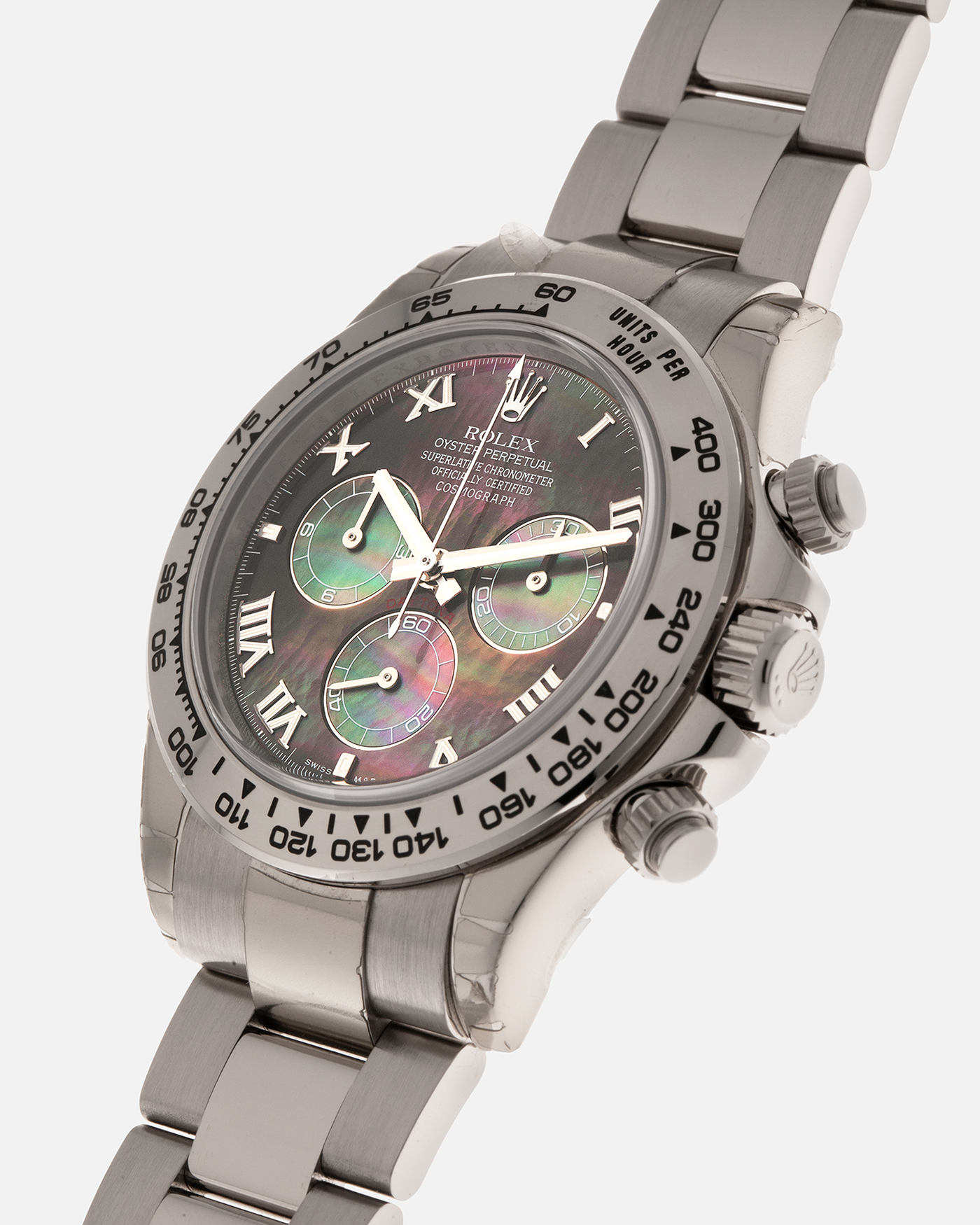 Brand: Rolex
Year: 2007
Model: Cosmograph Daytona
Reference: 116509
Material: 18-carat White Gold Case, Black Tahitian Mother-of-Pearl Dial
Movement: Rolex Cal. 4130, Self-Winding
Case Dimensions: 40mm x 12.4mm (47.6mm Lug-to-Lug)
Lug Width: 20mm
Bracelet: Rolex 78499 Oyster Bracelet in 18-carat White Gold with Signed Oysterlock Clasp