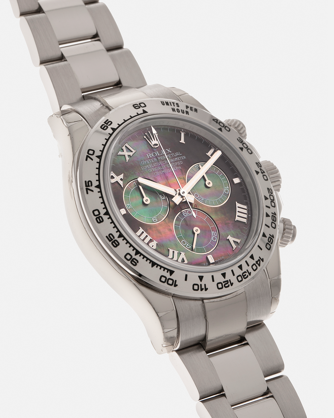 Brand: Rolex
Year: 2007
Model: Cosmograph Daytona
Reference: 116509
Material: 18-carat White Gold Case, Black Tahitian Mother-of-Pearl Dial
Movement: Rolex Cal. 4130, Self-Winding
Case Dimensions: 40mm x 12.4mm (47.6mm Lug-to-Lug)
Lug Width: 20mm
Bracelet: Rolex 78499 Oyster Bracelet in 18-carat White Gold with Signed Oysterlock Clasp