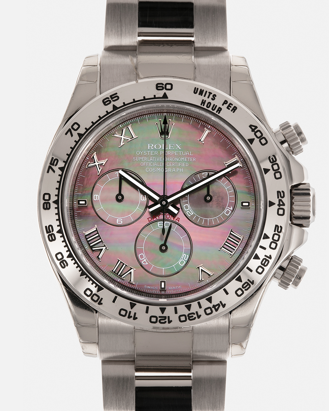 Brand: Rolex
Year: 2007
Model: Cosmograph Daytona
Reference: 116509
Material: 18-carat White Gold Case, Black Tahitian Mother-of-Pearl Dial
Movement: Rolex Cal. 4130, Self-Winding
Case Dimensions: 40mm x 12.4mm (47.6mm Lug-to-Lug)
Lug Width: 20mm
Bracelet: Rolex 78499 Oyster Bracelet in 18-carat White Gold with Signed Oysterlock Clasp