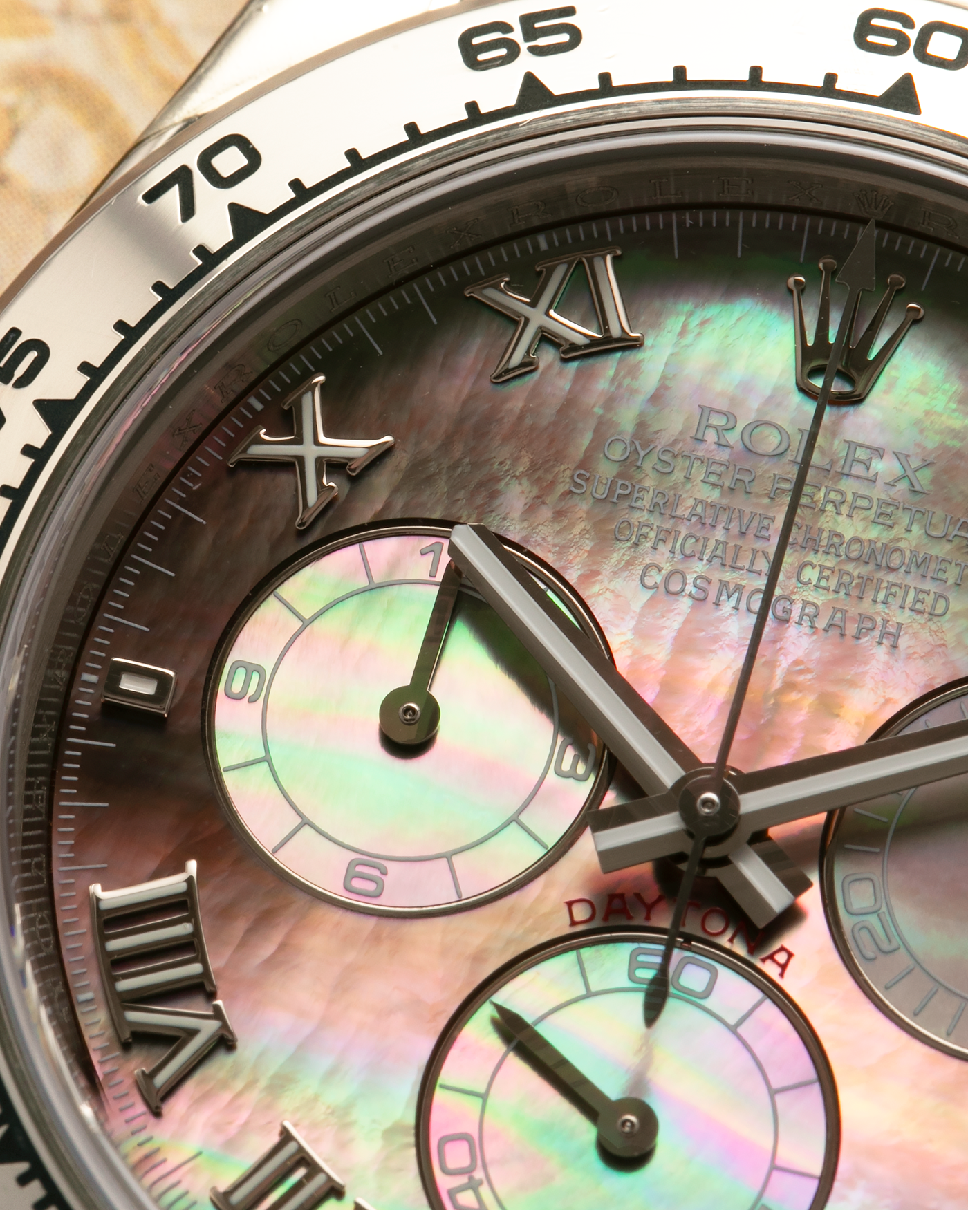 Brand: Rolex
Year: 2007
Model: Cosmograph Daytona
Reference: 116509
Material: 18-carat White Gold Case, Black Tahitian Mother-of-Pearl Dial
Movement: Rolex Cal. 4130, Self-Winding
Case Dimensions: 40mm x 12.4mm (47.6mm Lug-to-Lug)
Lug Width: 20mm
Bracelet: Rolex 78499 Oyster Bracelet in 18-carat White Gold with Signed Oysterlock Clasp