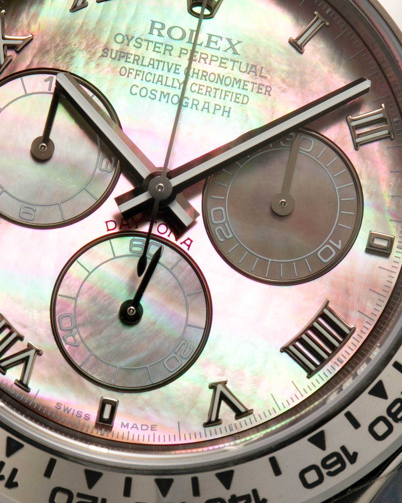 Brand: Rolex
Year: 2007
Model: Cosmograph Daytona
Reference: 116509
Material: 18-carat White Gold Case, Black Tahitian Mother-of-Pearl Dial
Movement: Rolex Cal. 4130, Self-Winding
Case Dimensions: 40mm x 12.4mm (47.6mm Lug-to-Lug)
Lug Width: 20mm
Bracelet: Rolex 78499 Oyster Bracelet in 18-carat White Gold with Signed Oysterlock Clasp