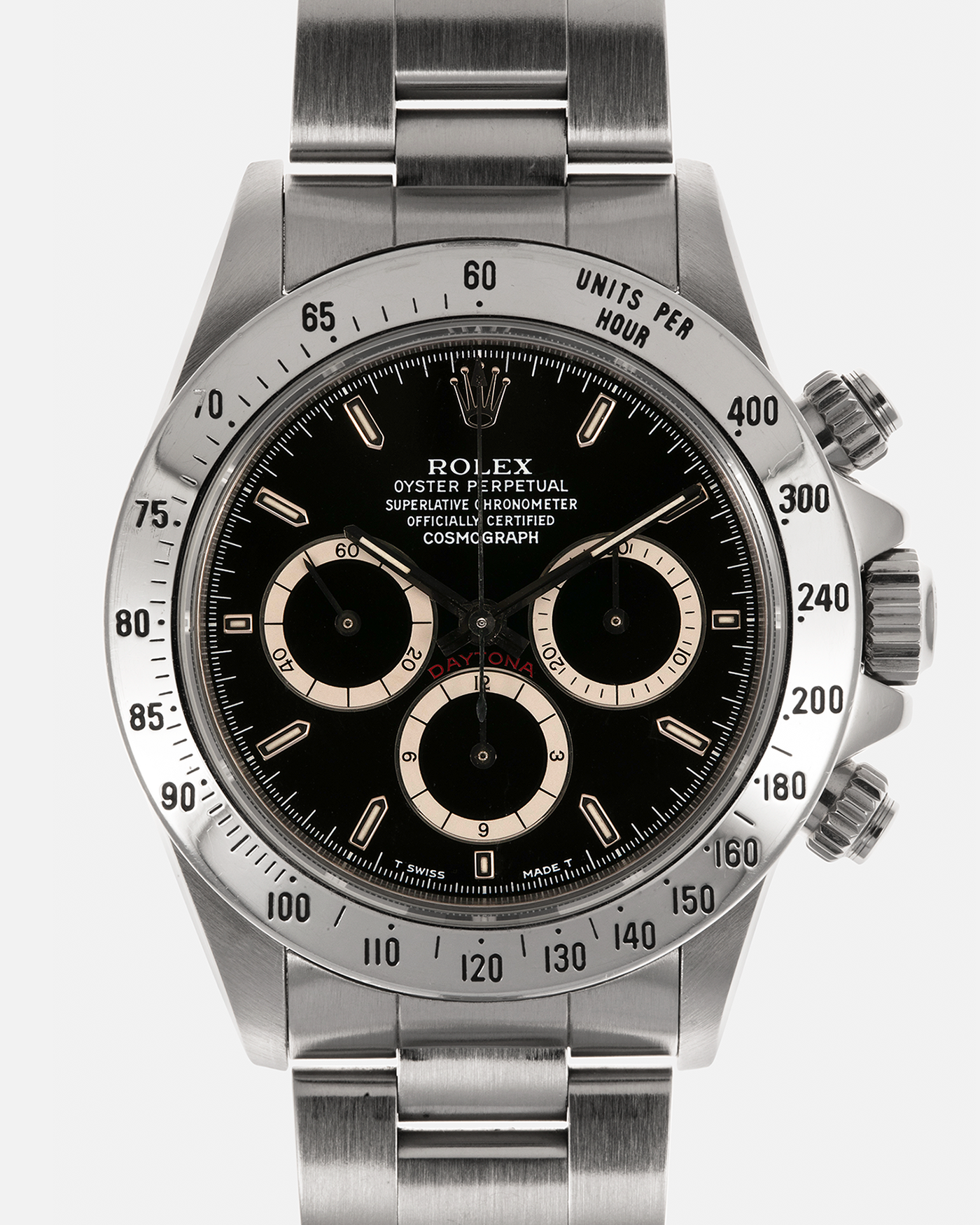 Brand: Rolex
Year: 1991
Model: Cosmograph Daytona ‘Inverted 6’
Reference: 16520
Serial Number: N646XXX
Material: Stainless Steel
Movement: Rolex Cal. 4030 (Based on the Zenith El Primero Cal. 400), Self-Winding
Case Dimensions: 40mm x 12mm (Lug-to-Lug 47mm)
Lug Width: 20mm
Bracelet: Rolex Stainless Steel 78360 Oyster Bracelet with Signed ‘P11’ Marked Clasp