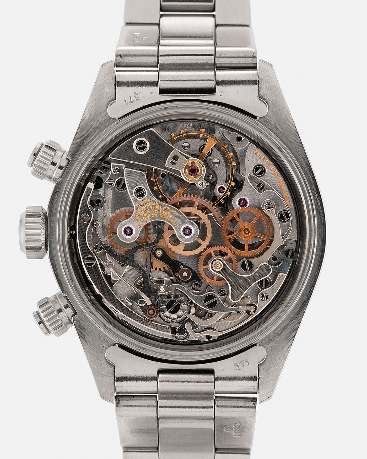 Brand: Rolex
Year: 1979
Model: Cosmograph Daytona ‘Big Red’
Serial Number: 584XXXX
Reference Number: 6263
Material: Stainless Steel
Movement: Rolex-Signed Valjoux Cal. 727, Manual-Winding
Case Dimensions: 37.5mm x 13.5mm (Lug-to-Lug 45mm)
Lug Width: 19mm
Bracelet: Rolex 78350 Solid Link Oyster Bracelet in Stainless Steel with Signed Clasp