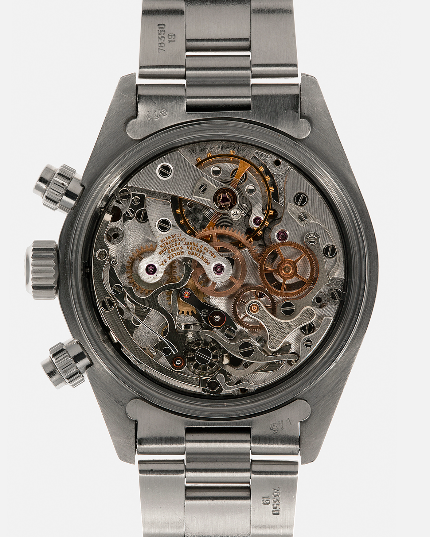 Brand: Rolex
Year: 1979
Model: Cosmograph Daytona ‘Big Red’
Serial Number: 629XXXX
Reference Number: 6263
Material: Stainless Steel
Movement: Rolex-Signed Valjoux Cal. 727, Manual-Winding
Case Dimensions: 37.5mm x 13.5mm (Lug-to-Lug 45mm)
Lug Width: 19mm
Bracelet: Rolex 78350 Solid Link Oyster Bracelet in Stainless Steel with ‘571’ Curved End Links and ‘F’ Signed Clasp