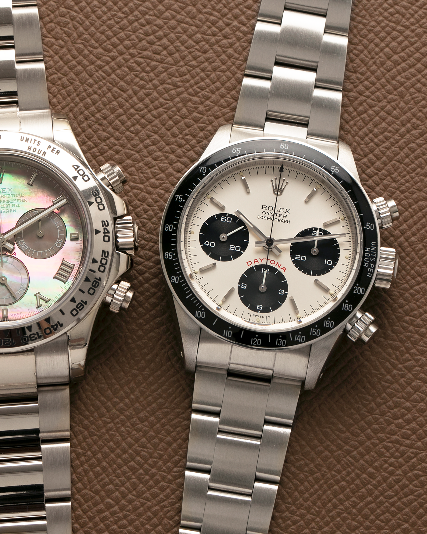 Brand: Rolex
Year: 1979
Model: Cosmograph Daytona ‘Big Red’
Serial Number: 629XXXX
Reference Number: 6263
Material: Stainless Steel
Movement: Rolex-Signed Valjoux Cal. 727, Manual-Winding
Case Dimensions: 37.5mm x 13.5mm (Lug-to-Lug 45mm)
Lug Width: 19mm
Bracelet: Rolex 78350 Solid Link Oyster Bracelet in Stainless Steel with ‘571’ Curved End Links and ‘F’ Signed Clasp