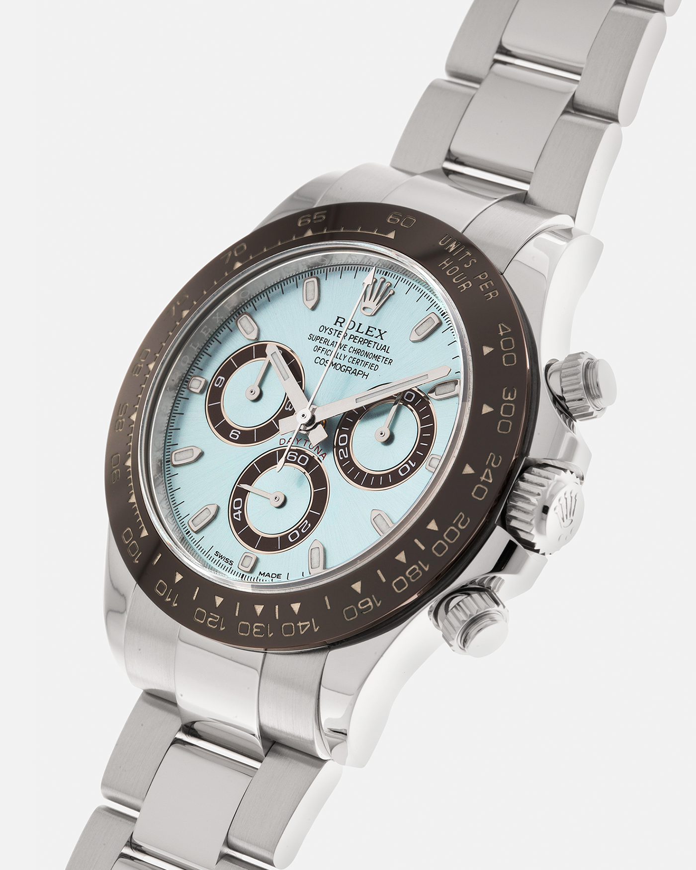 Brand: Rolex
Year: 2020
Model: Cosmograph Daytona
Reference: 116506
Material: Platinum 950
Movement: Rolex Cal. 4130, Self-Winding
Case Dimensions: 40mm x 12.5mm (Lug-to-Lug 47.5mm)
Lug Width: 20mm
Bracelet: Rolex Oyster Platinum Bracelet