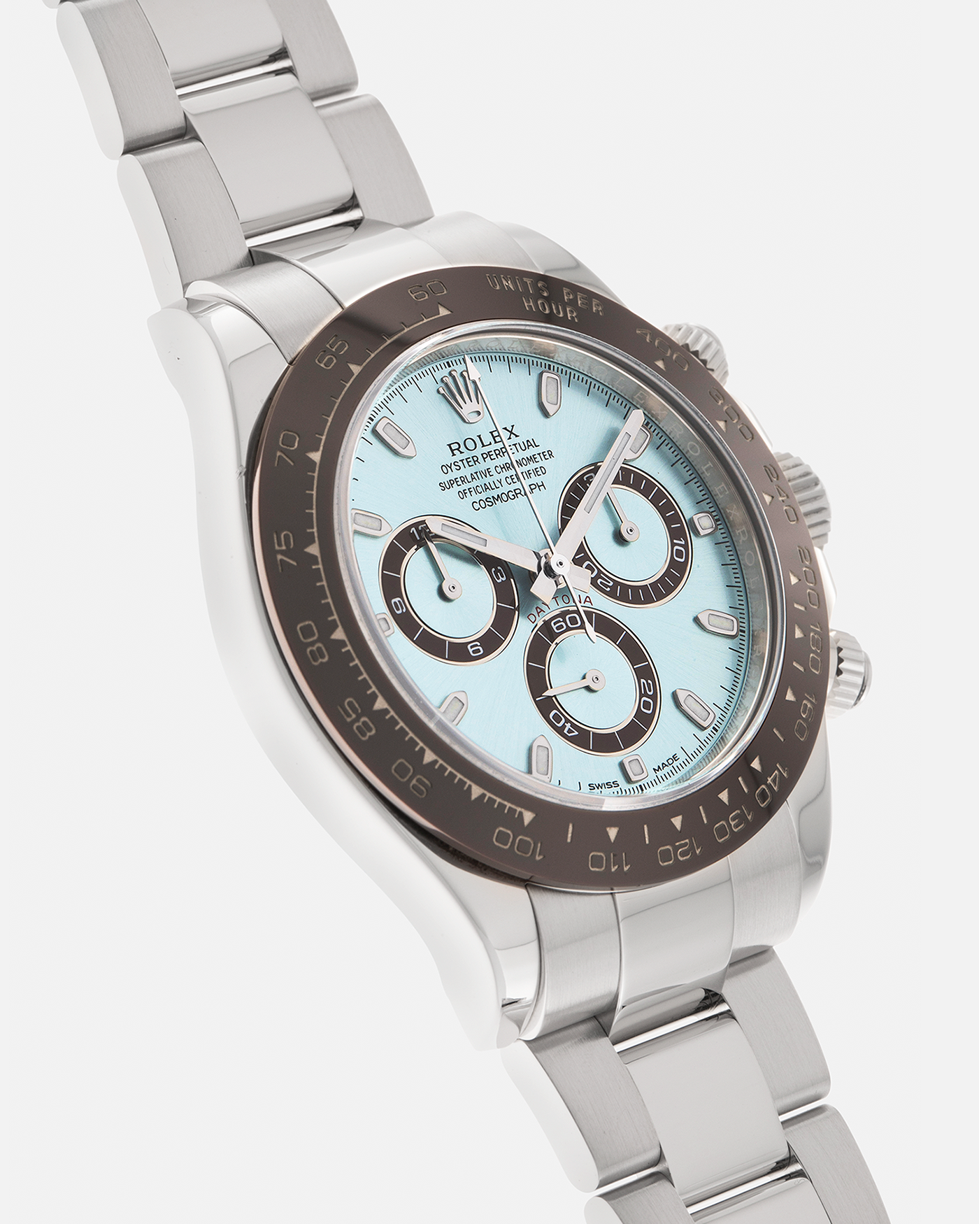 Brand: Rolex
Year: 2020
Model: Cosmograph Daytona
Reference: 116506
Material: Platinum 950
Movement: Rolex Cal. 4130, Self-Winding
Case Dimensions: 40mm x 12.5mm (Lug-to-Lug 47.5mm)
Lug Width: 20mm
Bracelet: Rolex Oyster Platinum Bracelet